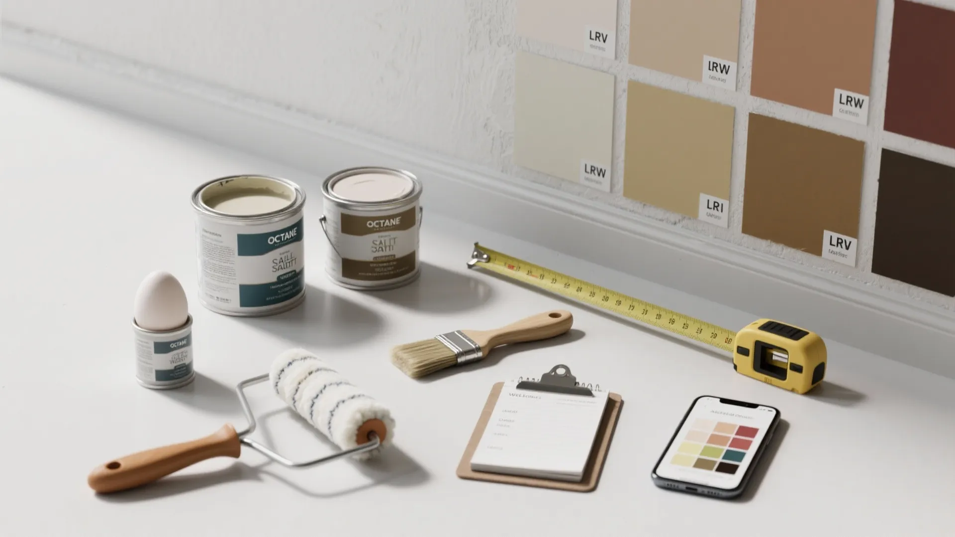 Top-down view of paint testers, rollers, LRV labels and a budget notepad illustrating practical painting tips.