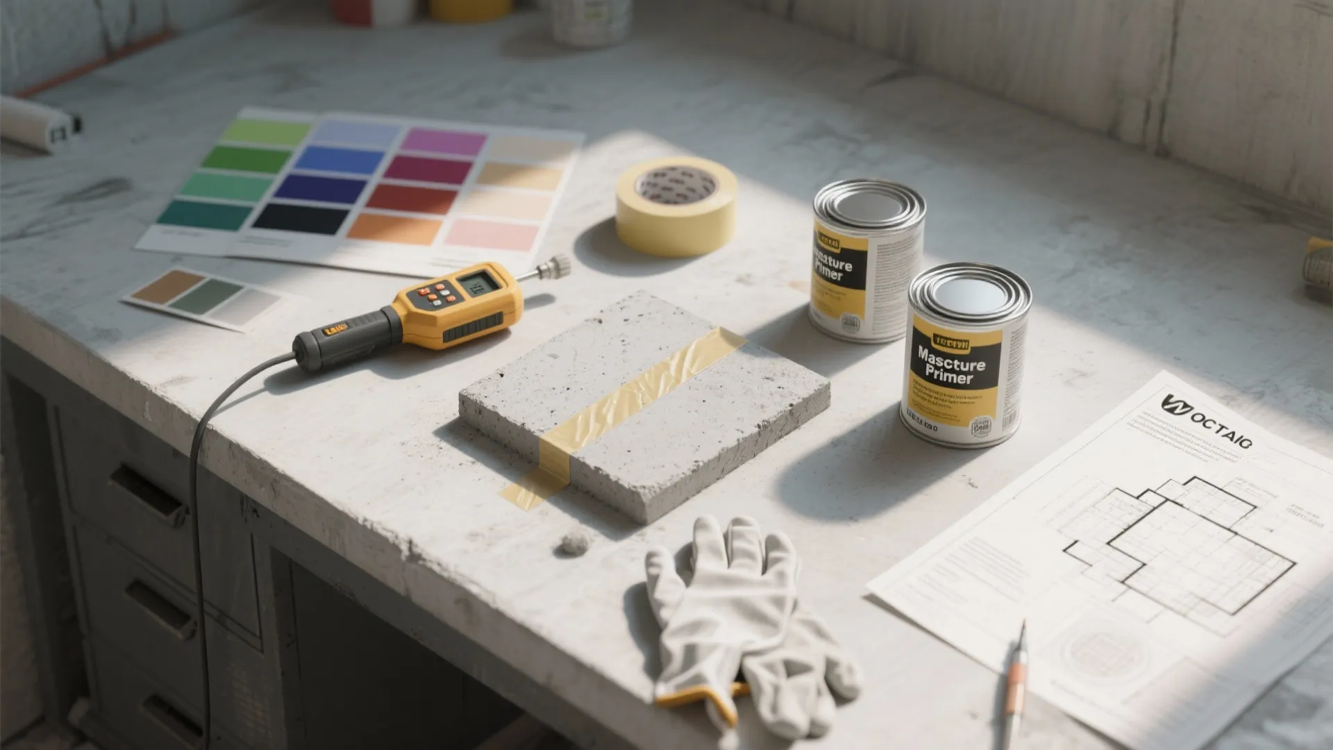 Top-down view of paint swatches, moisture meter, primer cans, and a taped test patch for preparing concrete.