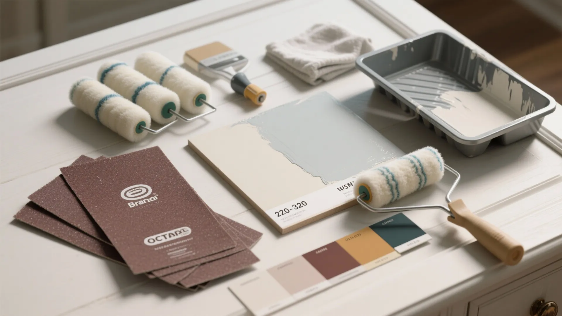 Flatlay of sanding paper, tack cloth, various roller covers and a test paint panel for cabinet preparation.