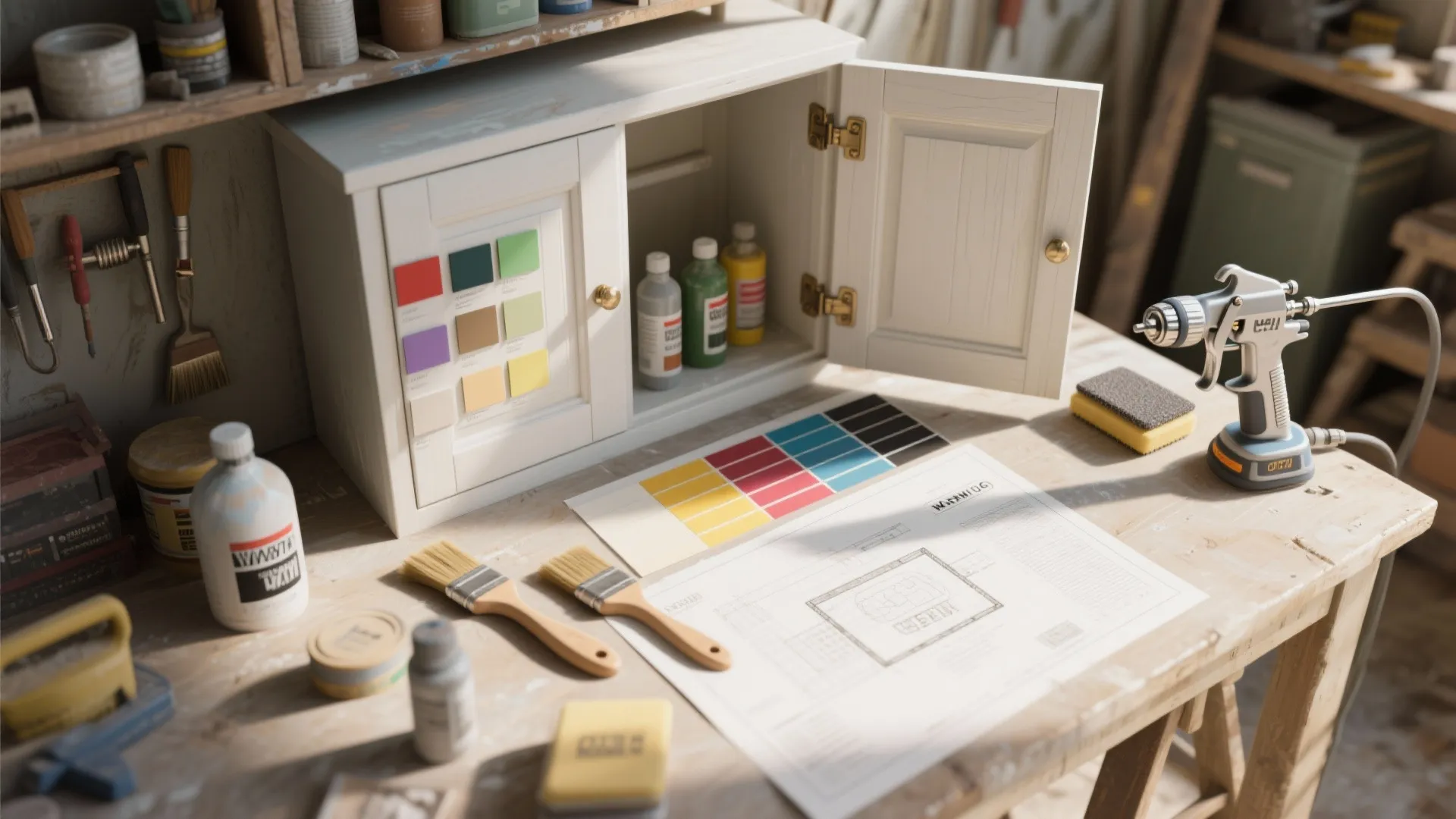 Workbench with white cabinet paint brushes color swatches and interior design drawing for home renovation