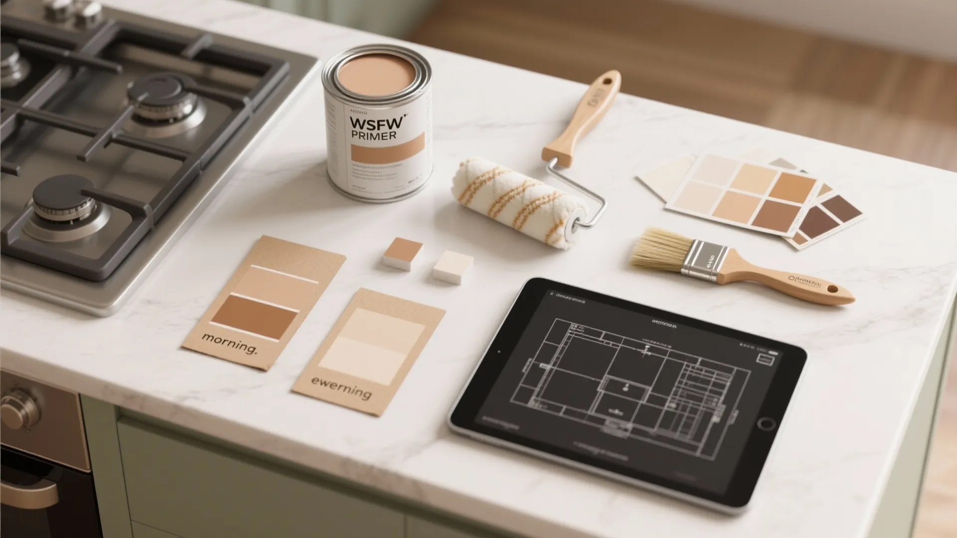 Flatlay of painting tools, swatches, primer, and a tablet with a 3D floor planner for kitchen color mockups.