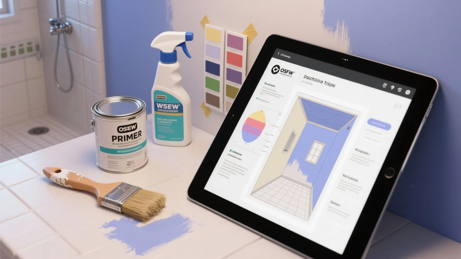Interior design drawing on tablet next to paint primer plus brush and spray bottle on tiles