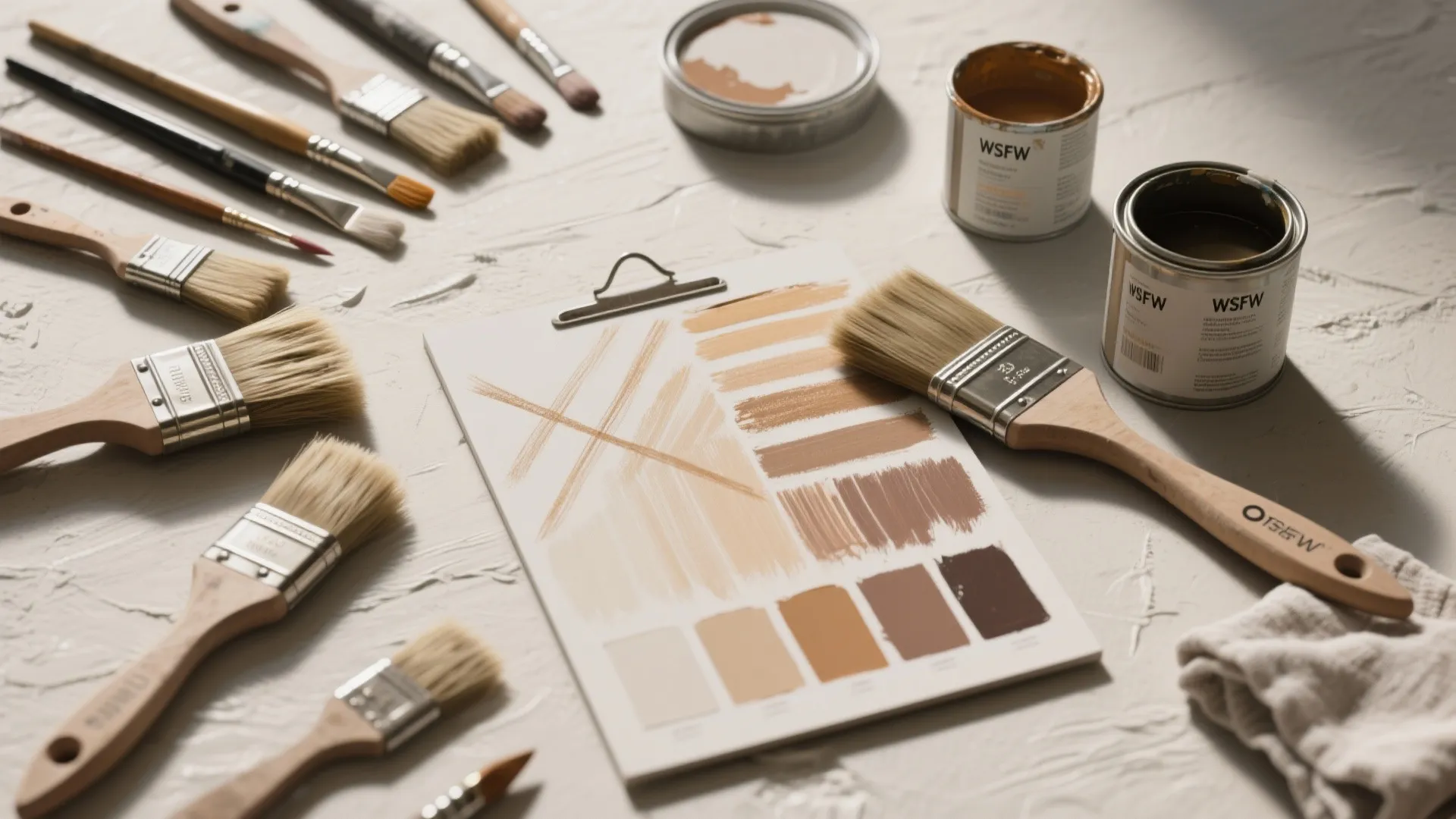 Top-down view of brushes, swatches and sample boards showing brush techniques and paint samples.