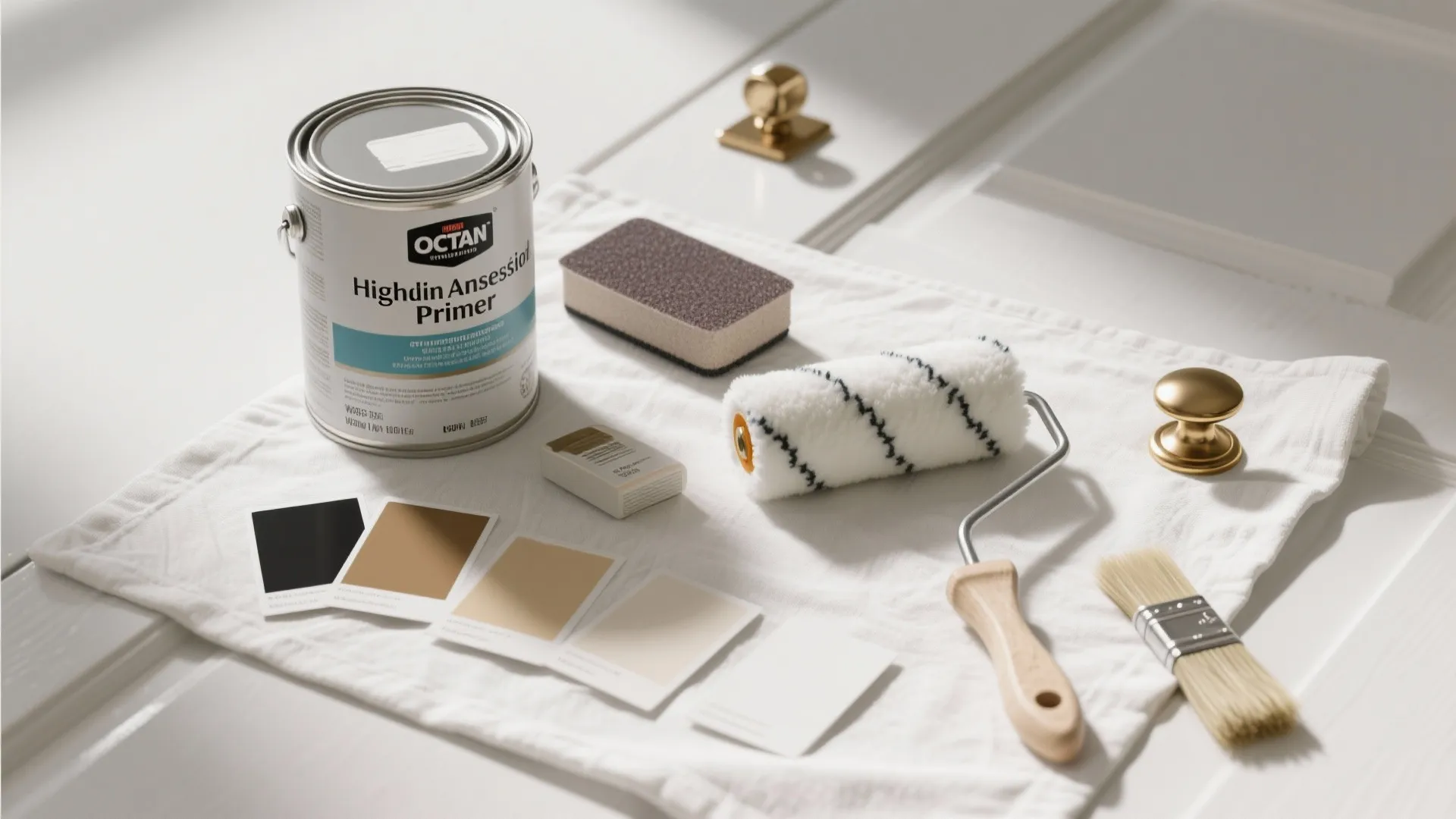 Top-down flatlay of painting supplies: primer, sandpaper, rollers, brushes, knobs and paint samples.