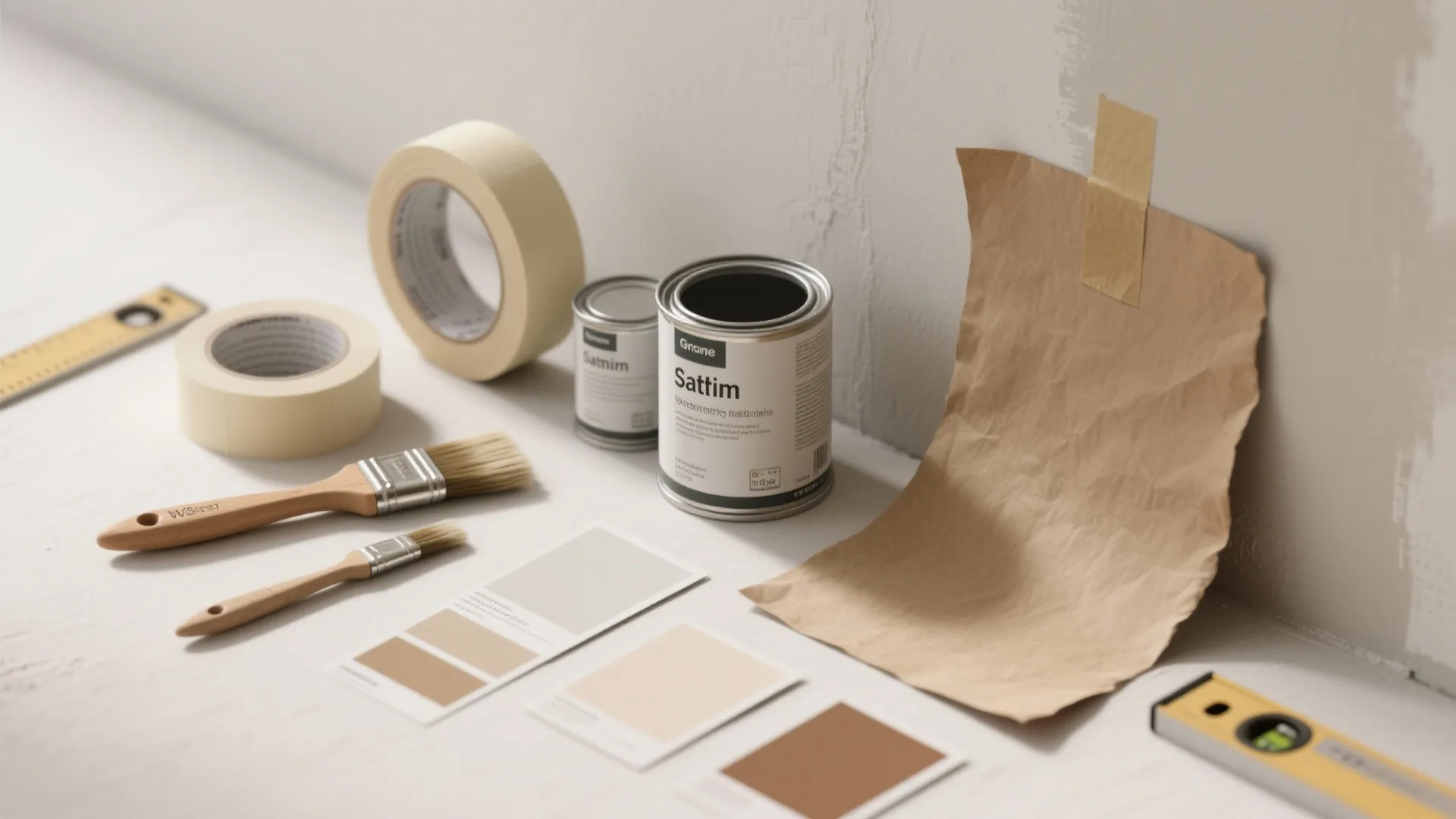 Flatlay of painter's tape, brushes, paint swatches and test kraft paper for planning half-wall heights