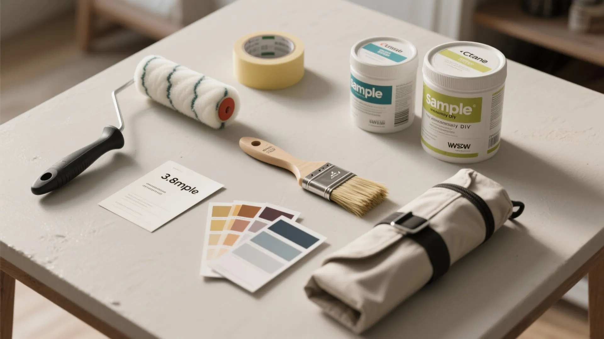 Painting tools with roller brush color cards tape and white paint cans on a light table
