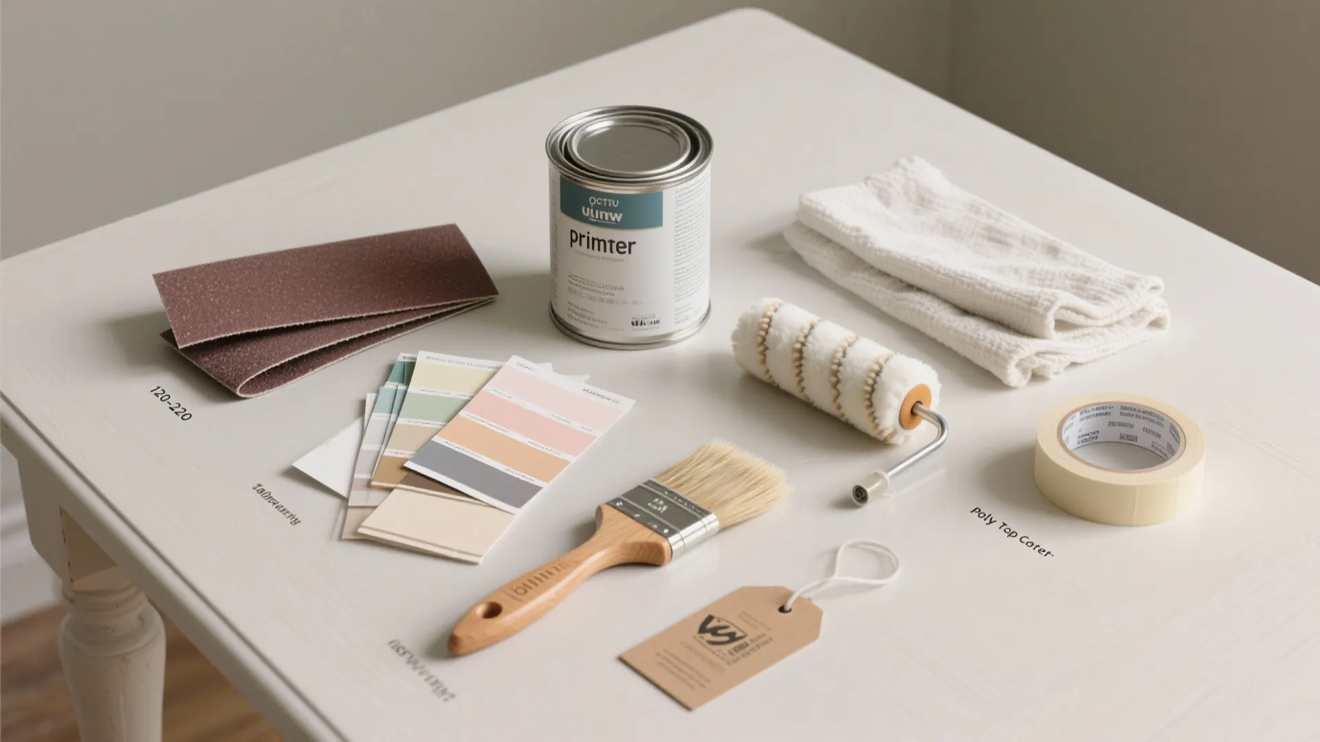 Painting tools including brush roller sandpaper paint can and color samples arranged on white table