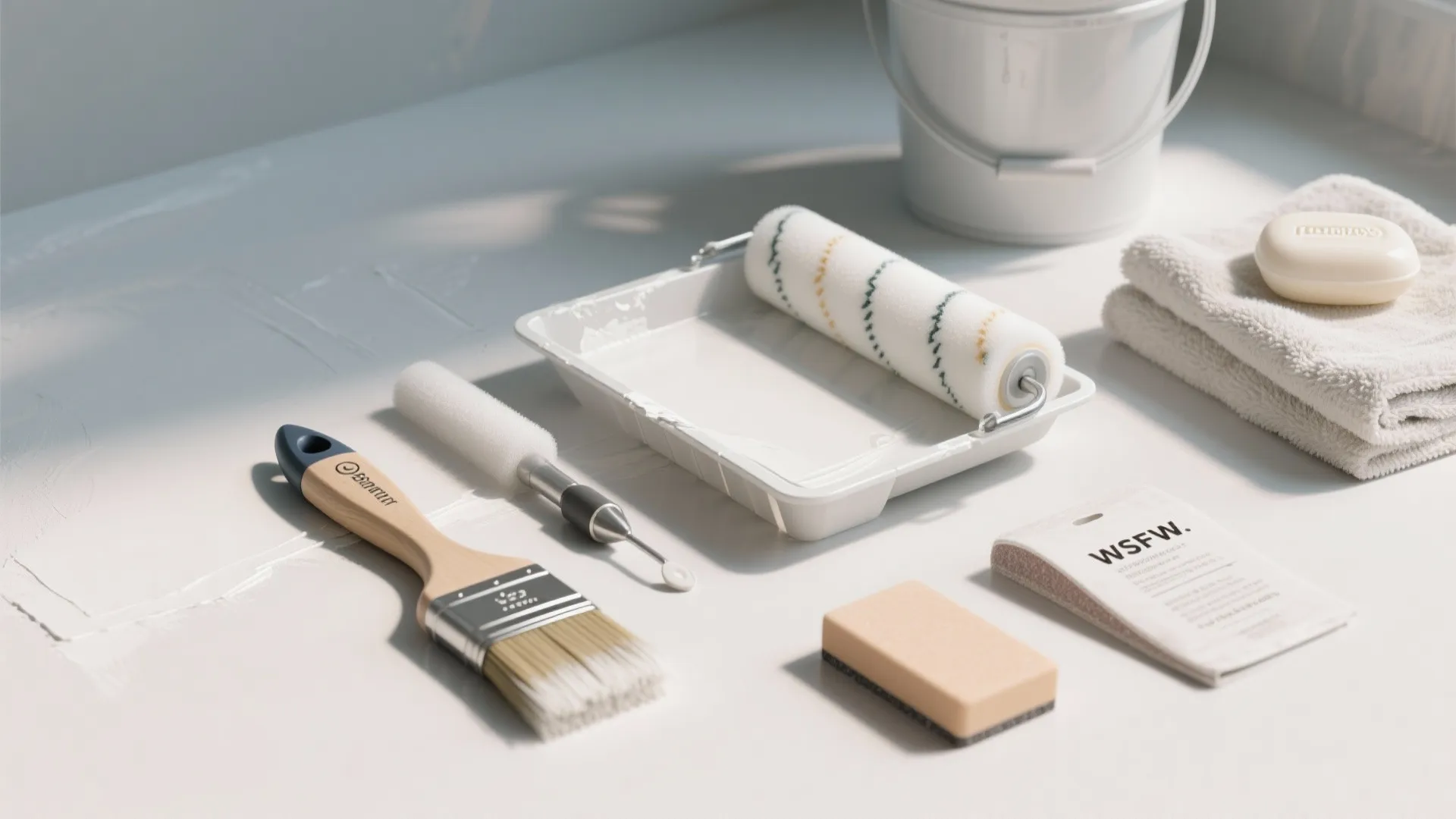 House painting tools flat lay with paint brush roller tray sponge and white bucket on table
