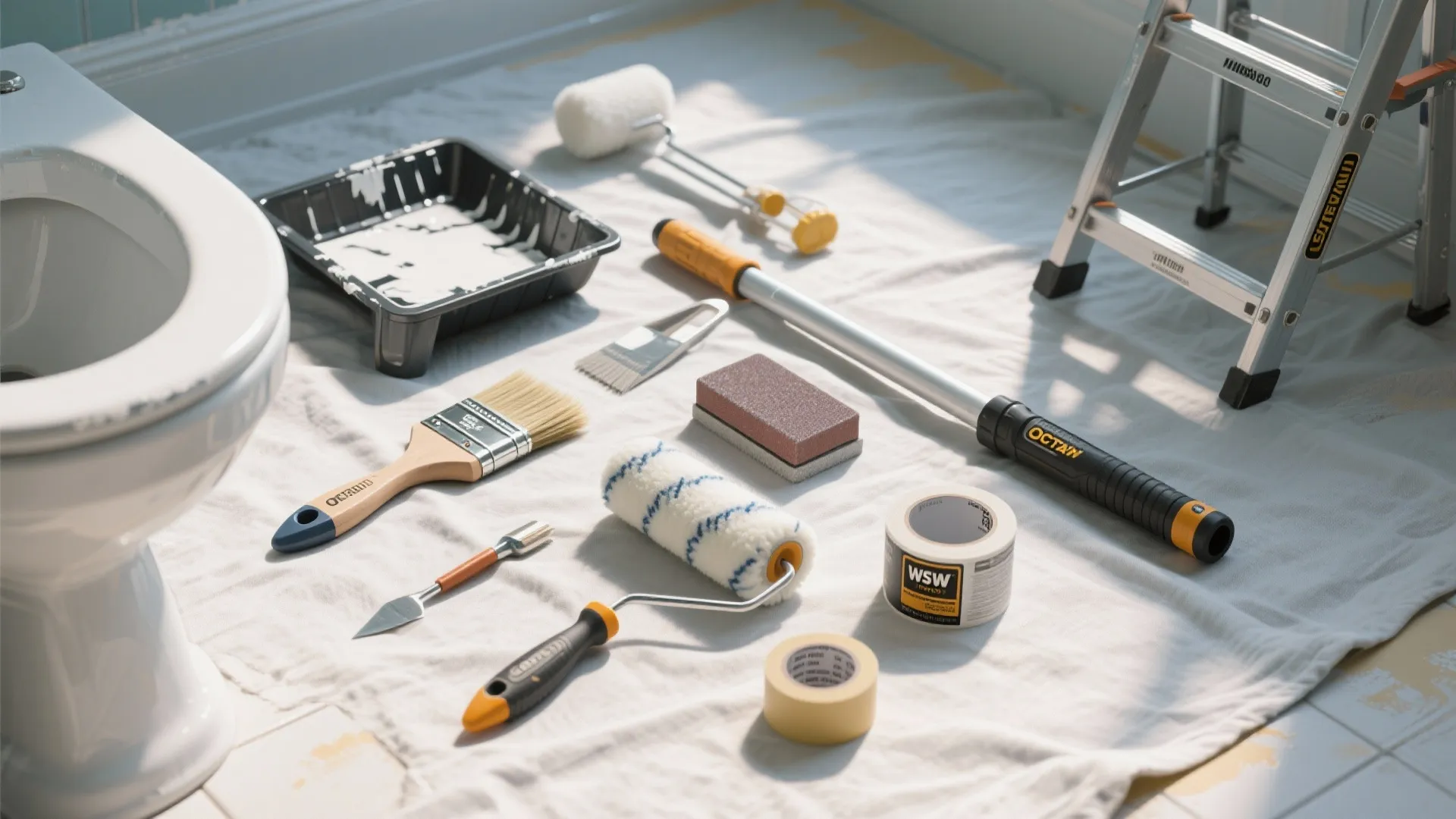 Flatlay of high-quality painting tools including angled brush, short-nap roller and extension pole