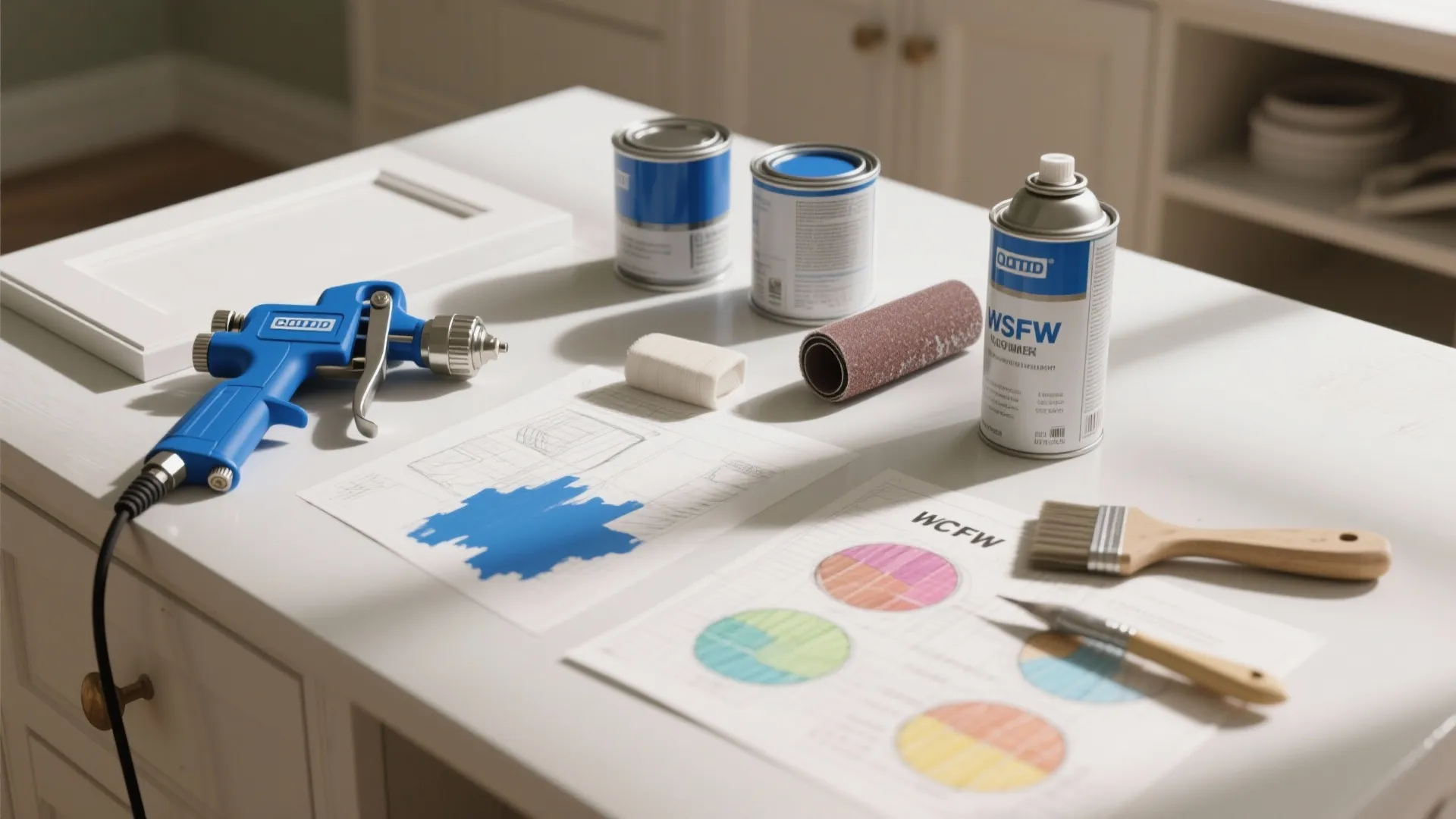White desk with blue paint spray gun cans and color charts for home renovation project