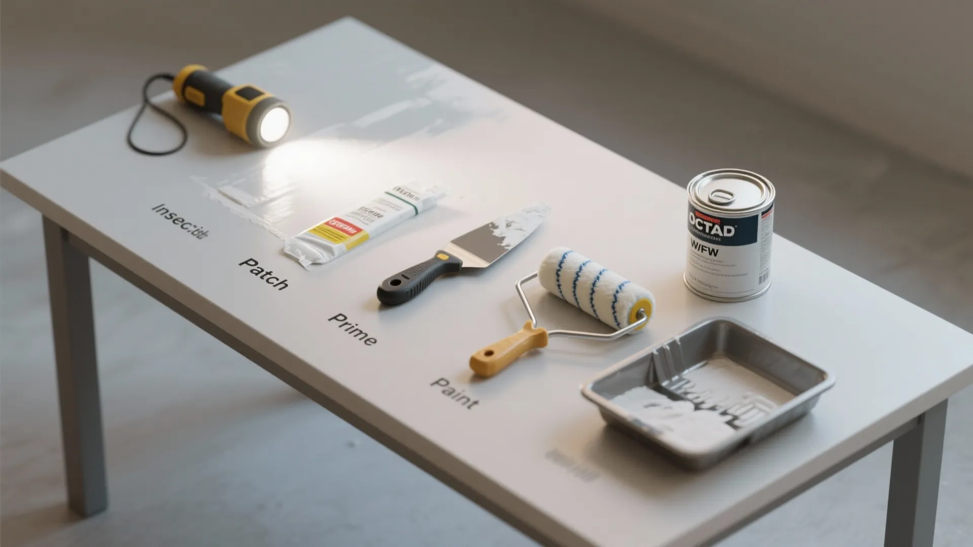 Home renovation tools on white table including flashlight paint roller putty knife and paint tray