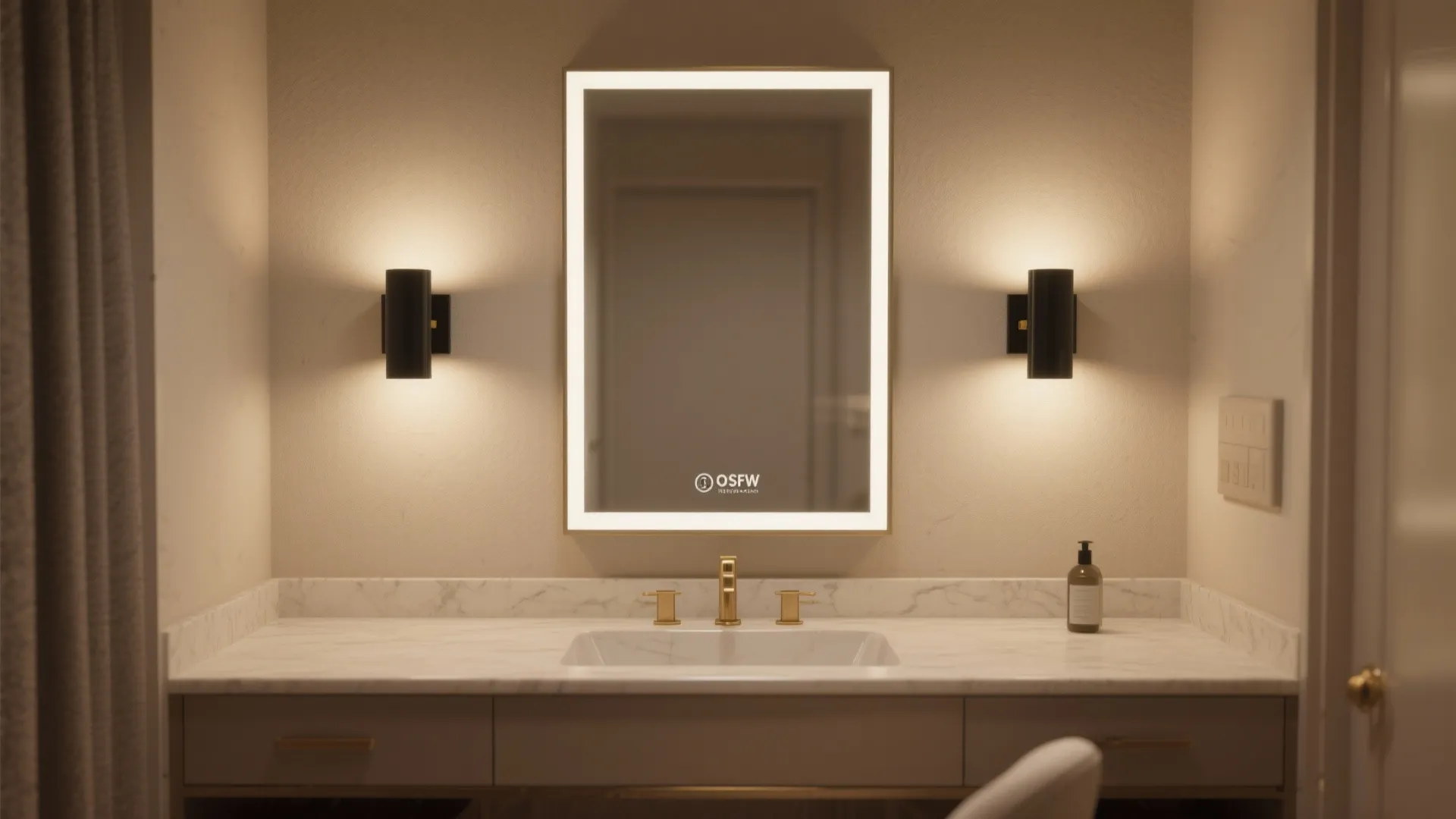2. Pair of black modern sconces flanking the mirror