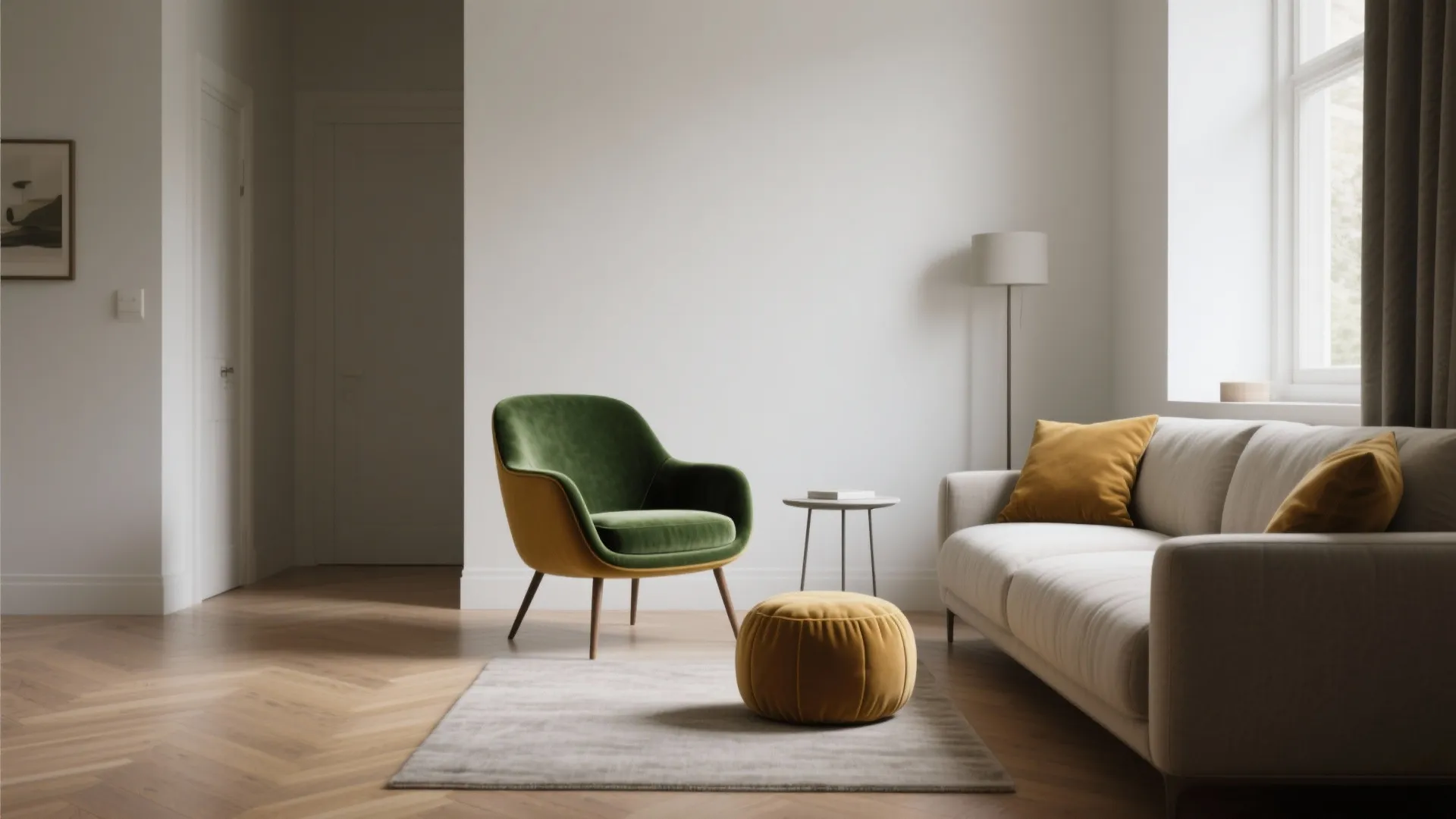 Modern living room featuring a green chair yellow footrest white sofa and wooden floor design