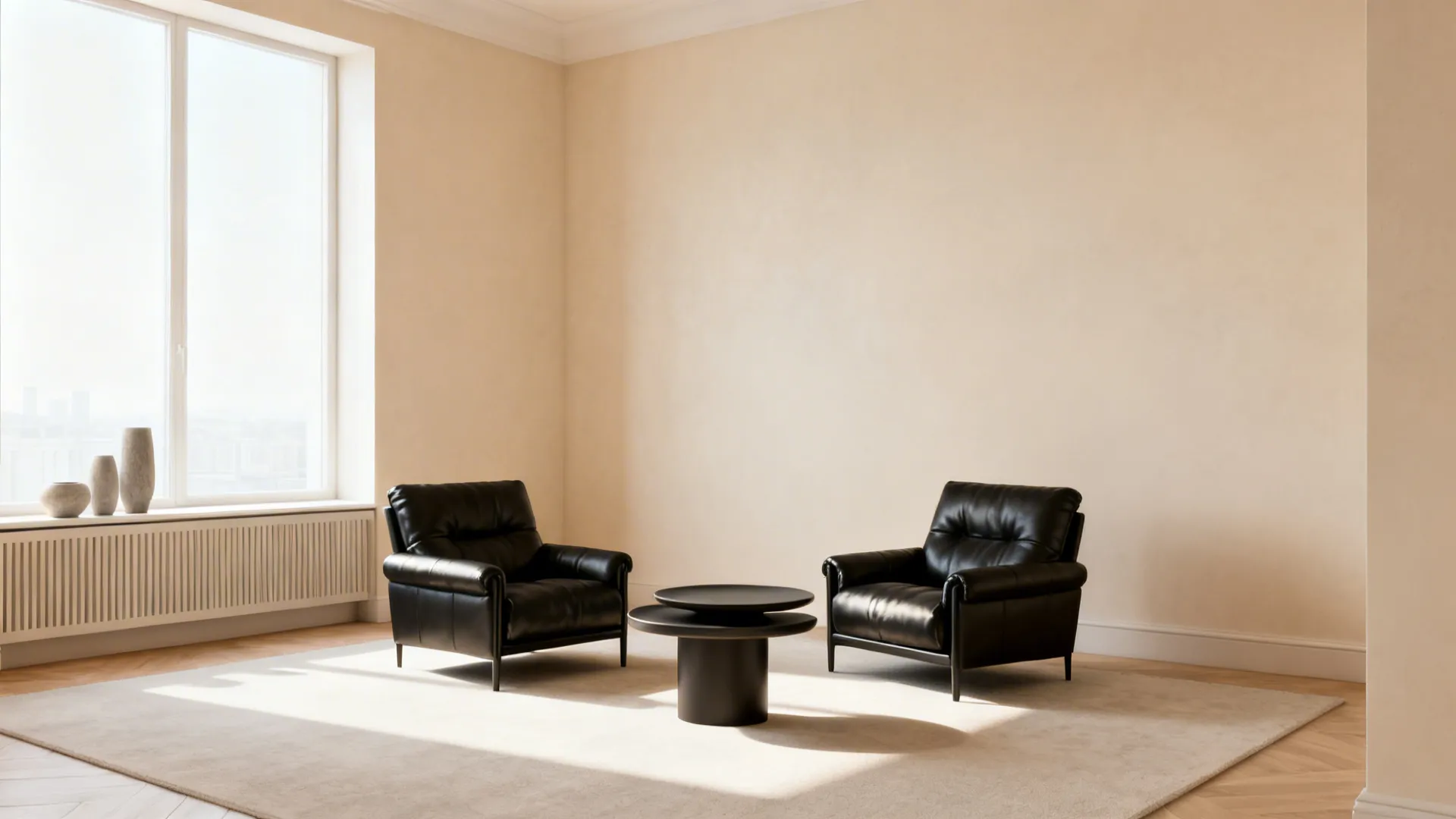 Two compact black leather chairs against pale walls creating a defined seating zone