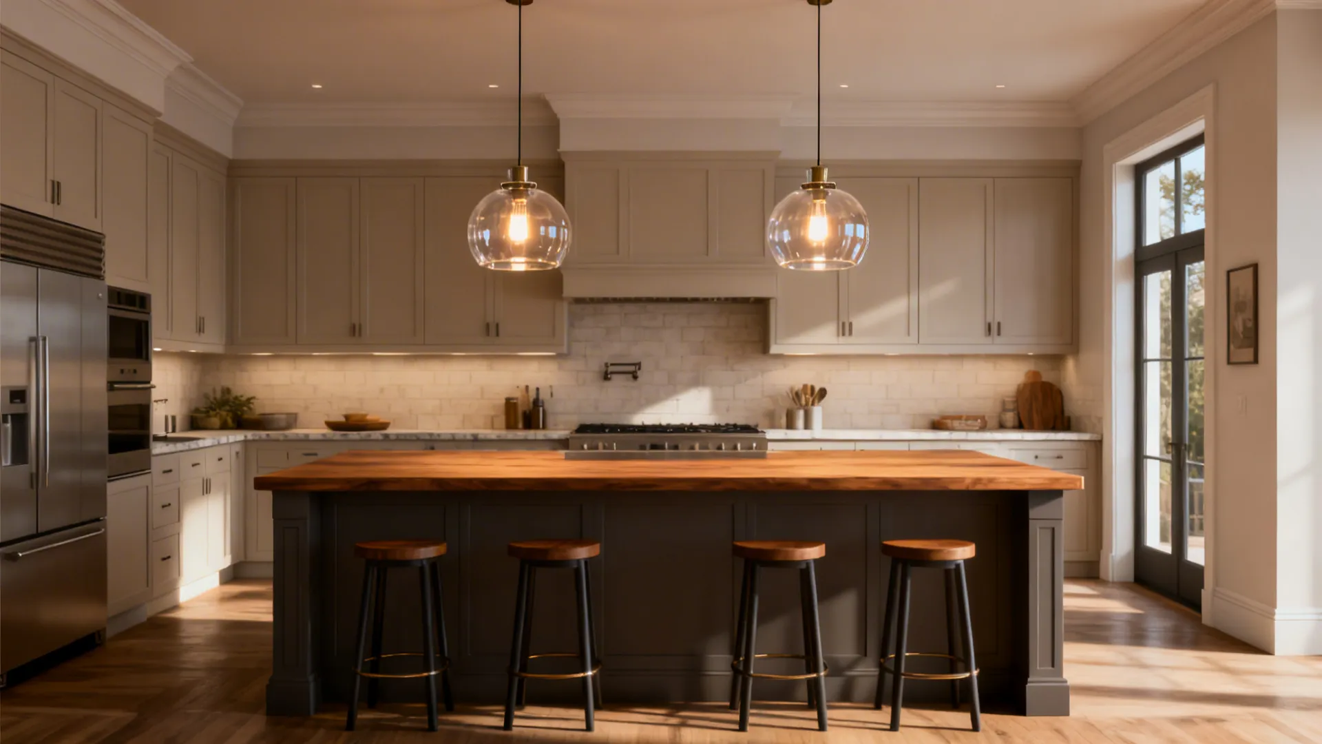 Medium-length kitchen island lit by two matching glass pendants producing even, warm task light