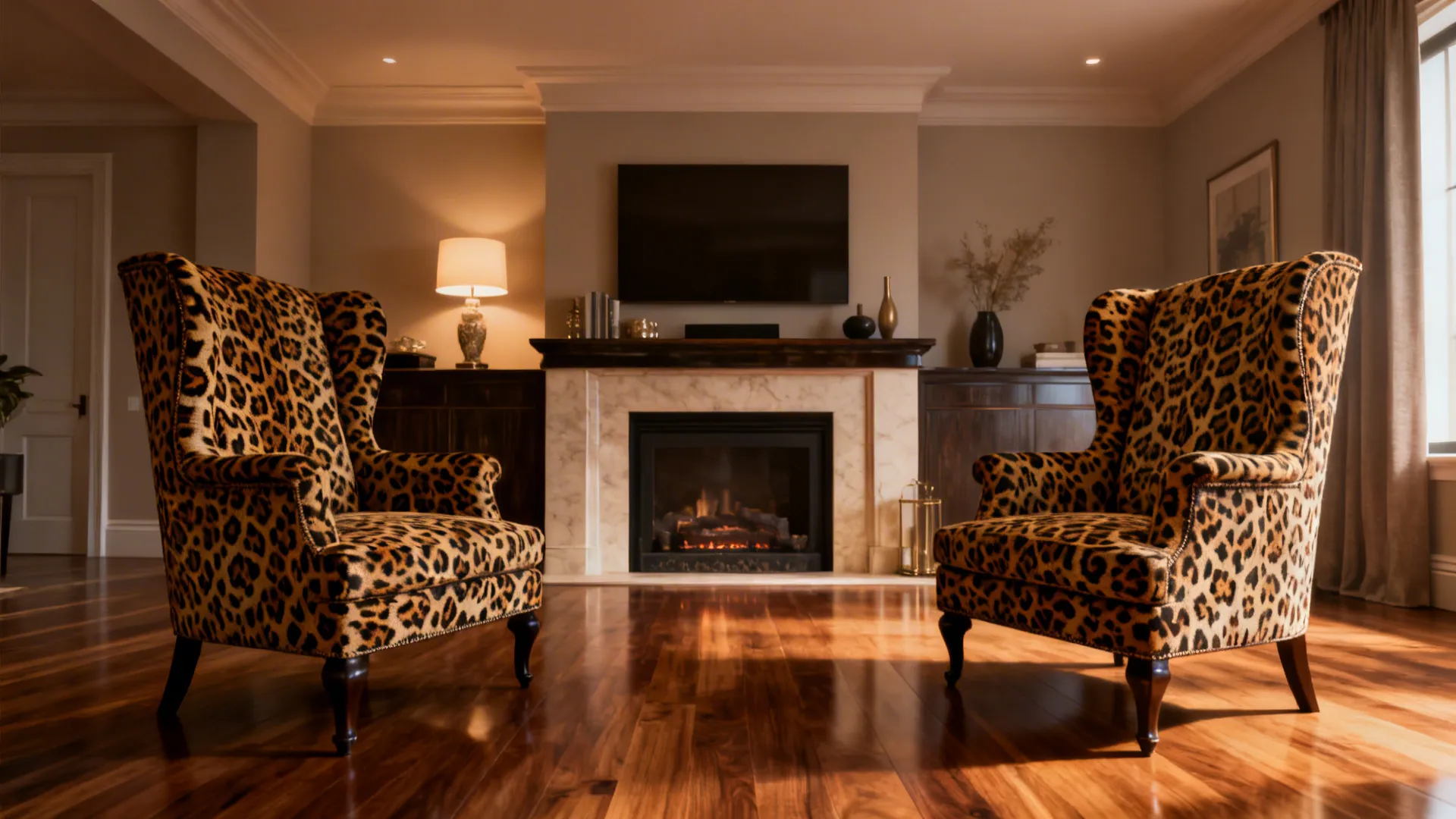 Two leopard print chairs symmetrically placed by a fireplace creating glam balance.