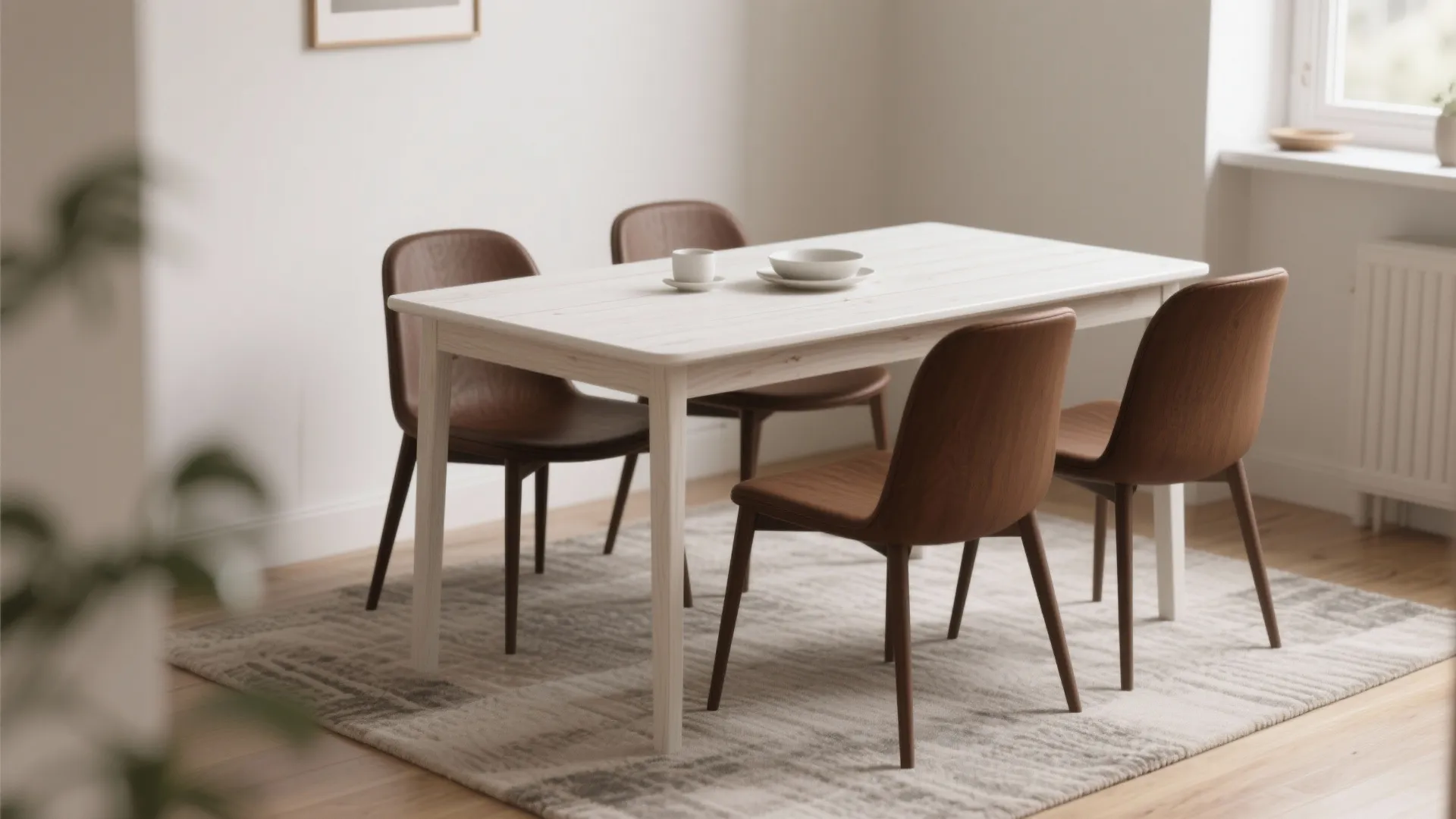 Brown dining chairs around a pale oak table in a bright small dining area.