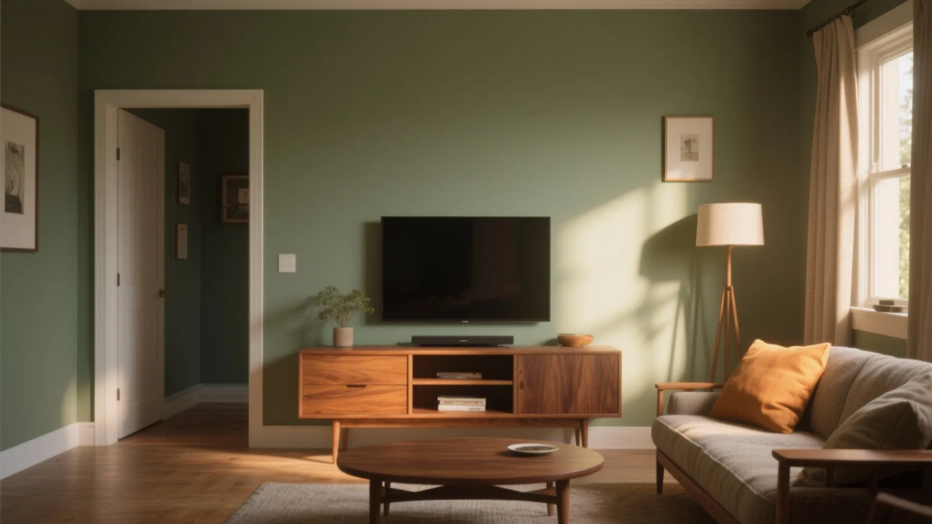 Modern living room featuring sage green walls wooden cabinet floor light grey sofa and round table