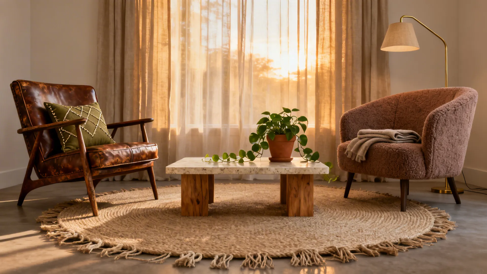 Leather chair and fuzzy armchair around marble coffee table on round rug in sunset room