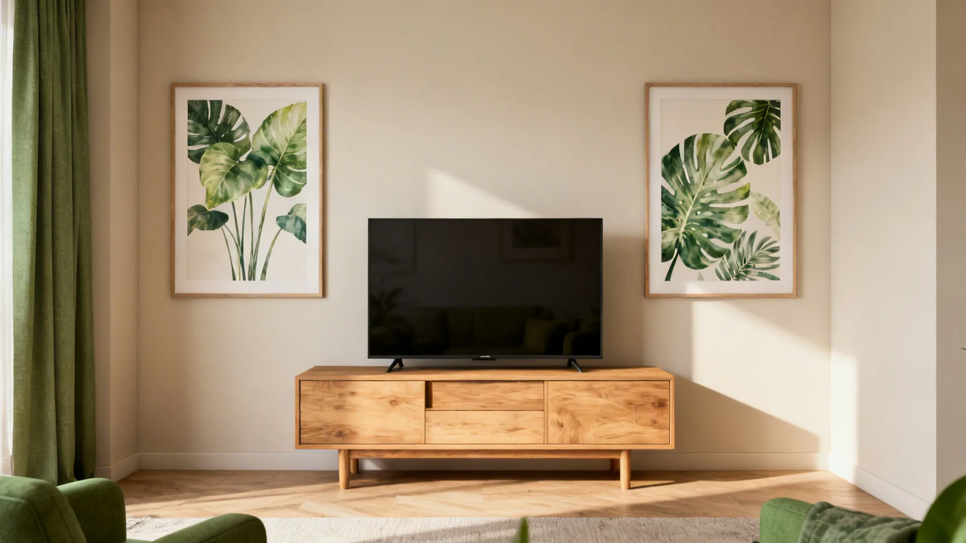 Paired botanical prints flanking a media console to create symmetry and balance.