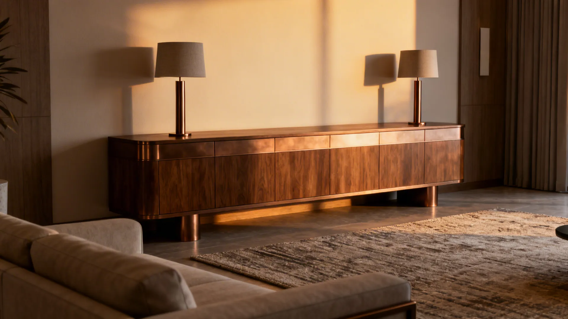 Long credenza with a pair of matching slim bronze table lamps providing symmetrical warm light.