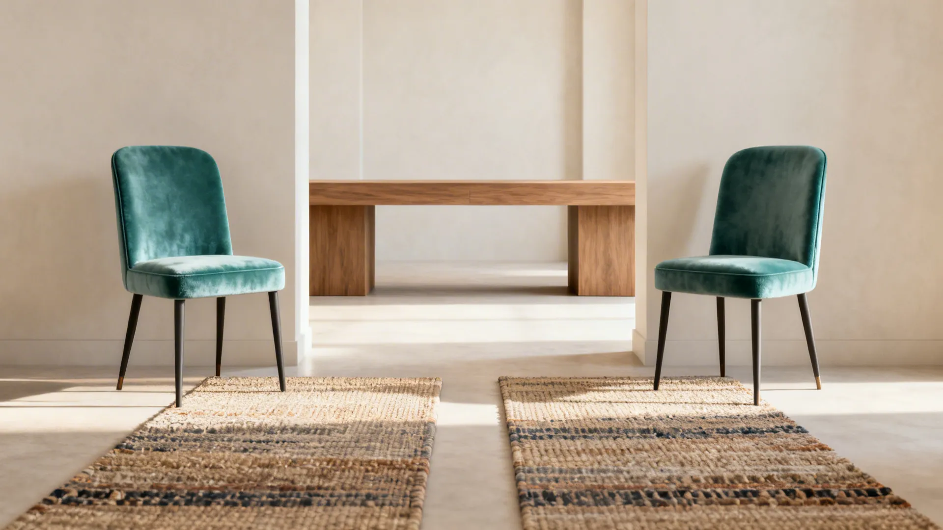 Two slim velvet chairs flanking a low console in a small living room showing symmetrical layout