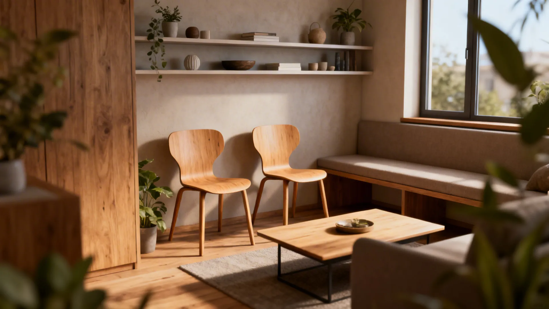 Two wooden chairs next to wall shelves, coffee table, and long bench in bright room