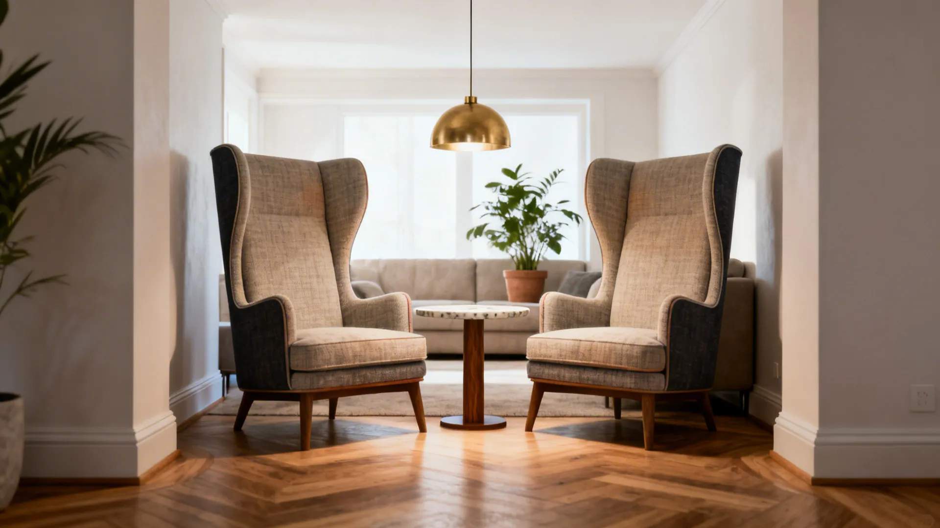 Two matching high-back chairs facing each other with a slim round table, forming a conversational nook in a small living room.