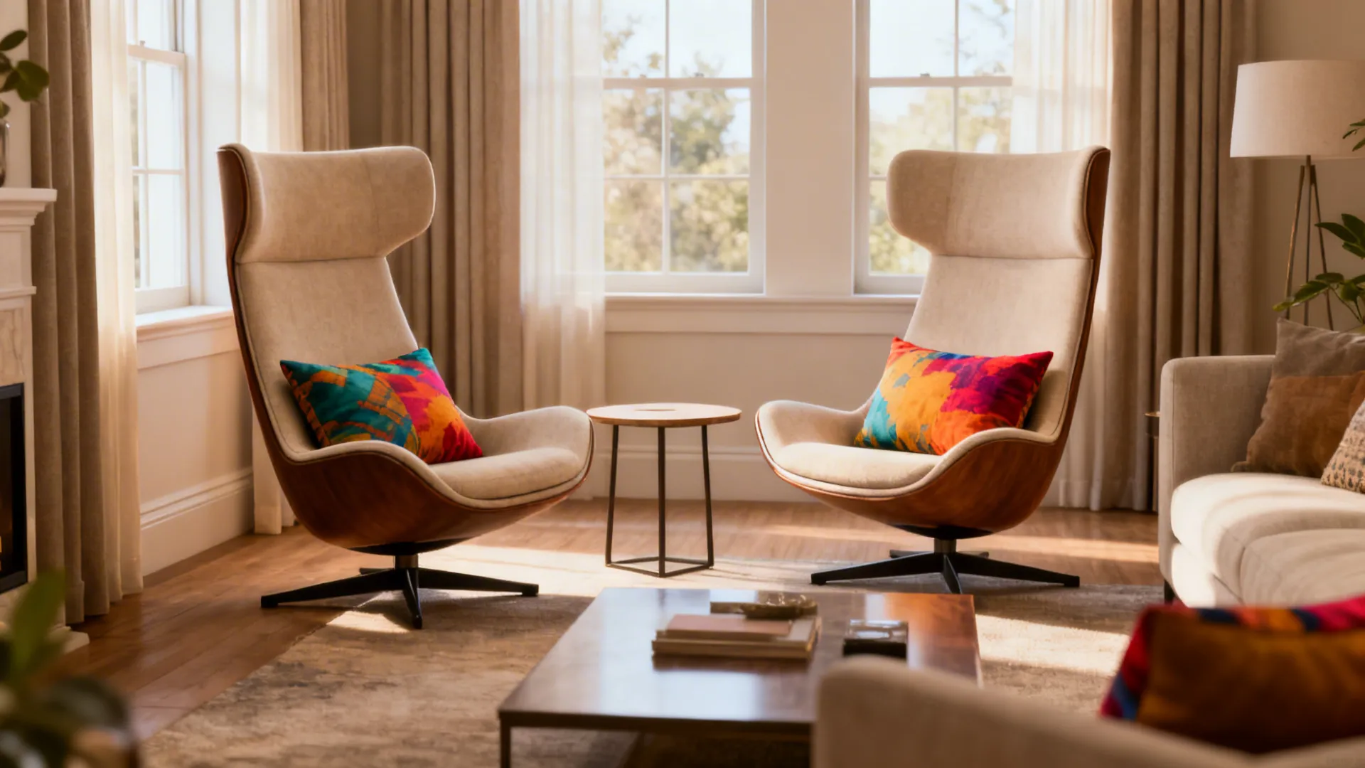 Two slim high-back swivel chairs angled toward each other creating a conversational nook with a small shared table.