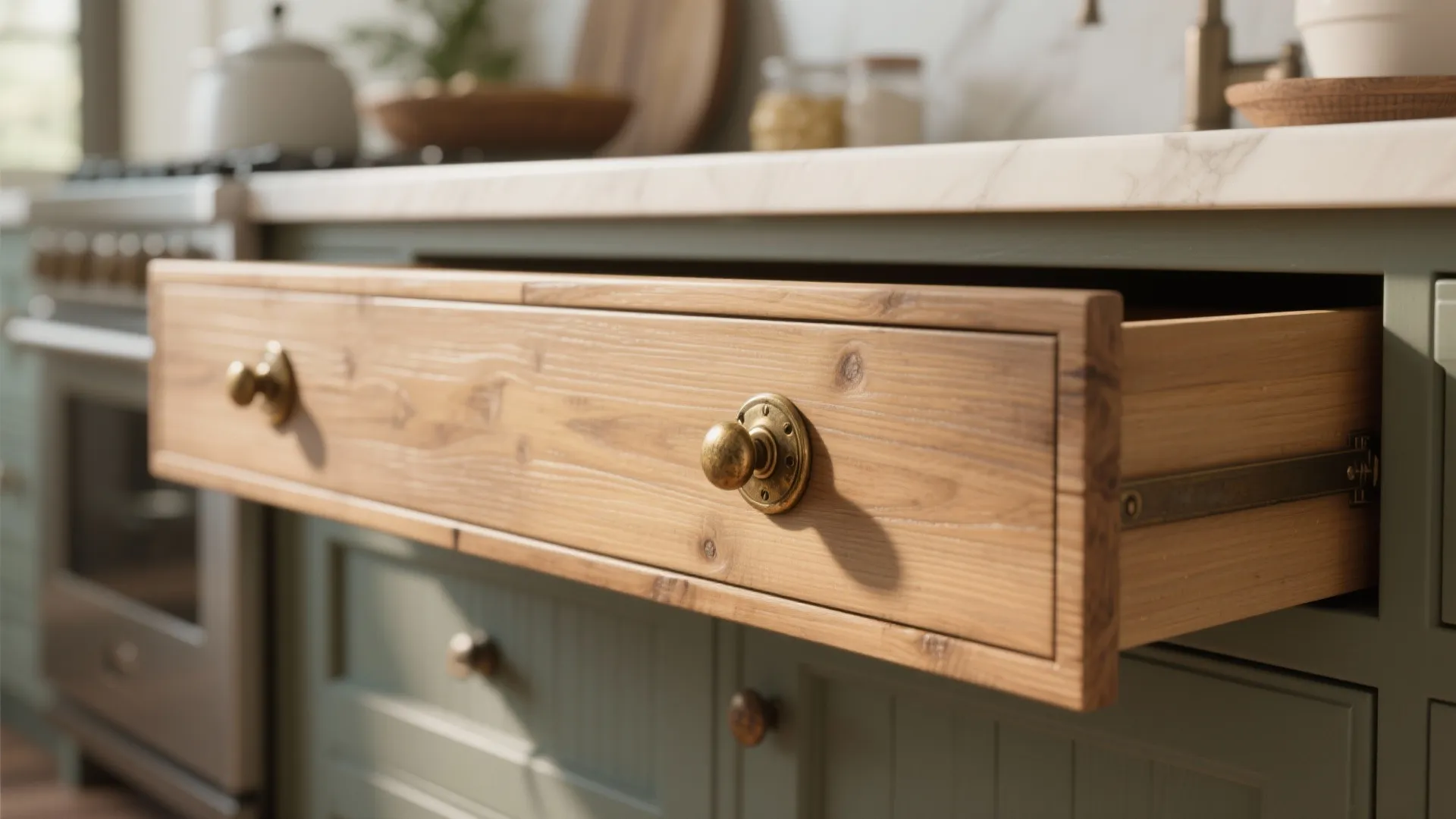 Wide farmhouse drawer with two evenly spaced knobs to distribute pull force.