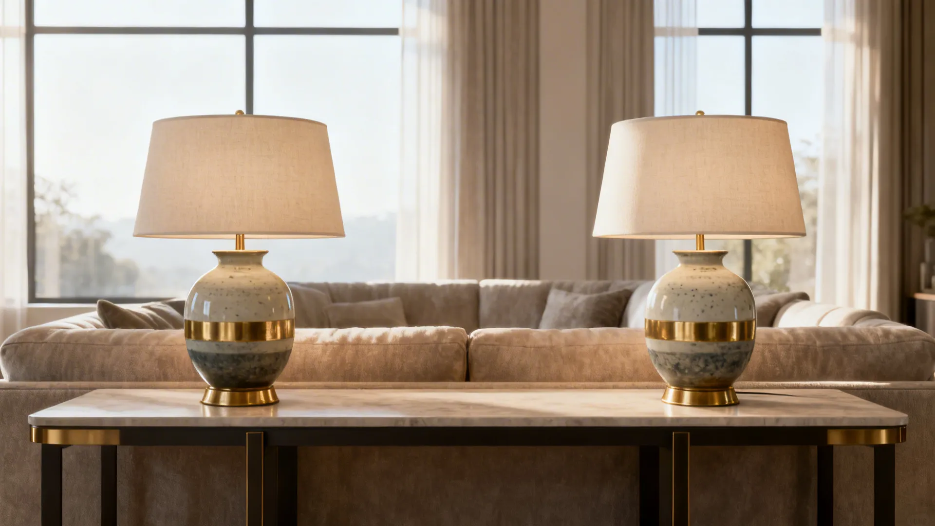 Long sofa table with two oversized matching lamps creating a balanced, luxe look.