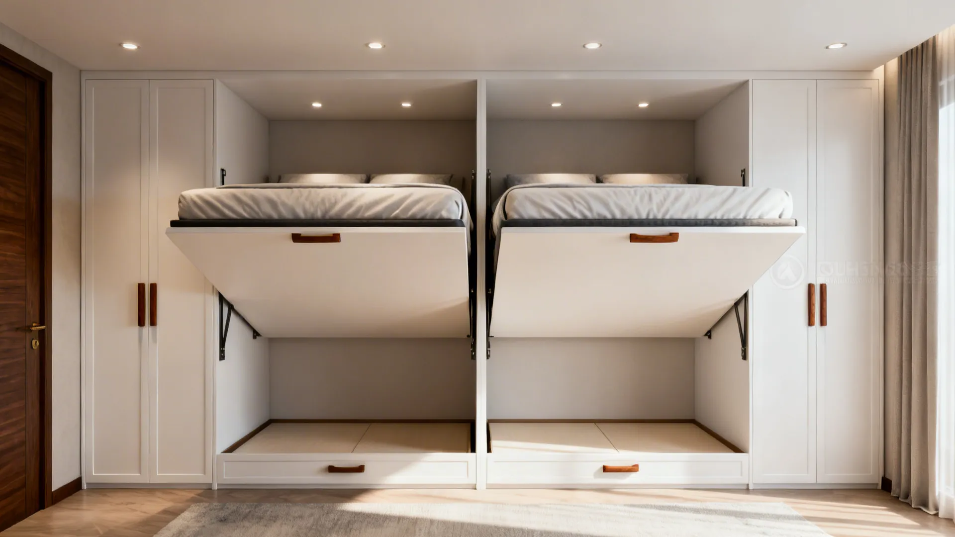 Built-in wall unit hiding two fold-down Murphy beds in a neat compact room