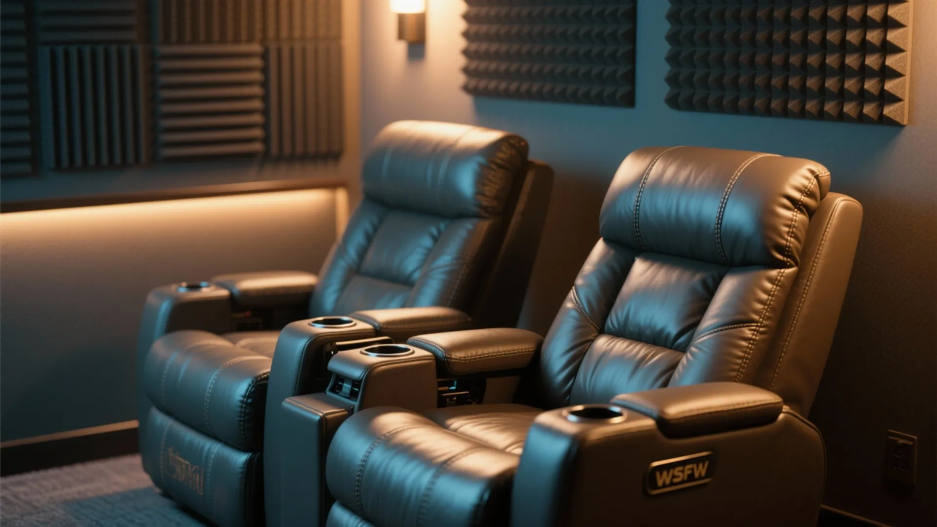 Two black leather theater sofa chairs with cup holders in a dark home cinema room