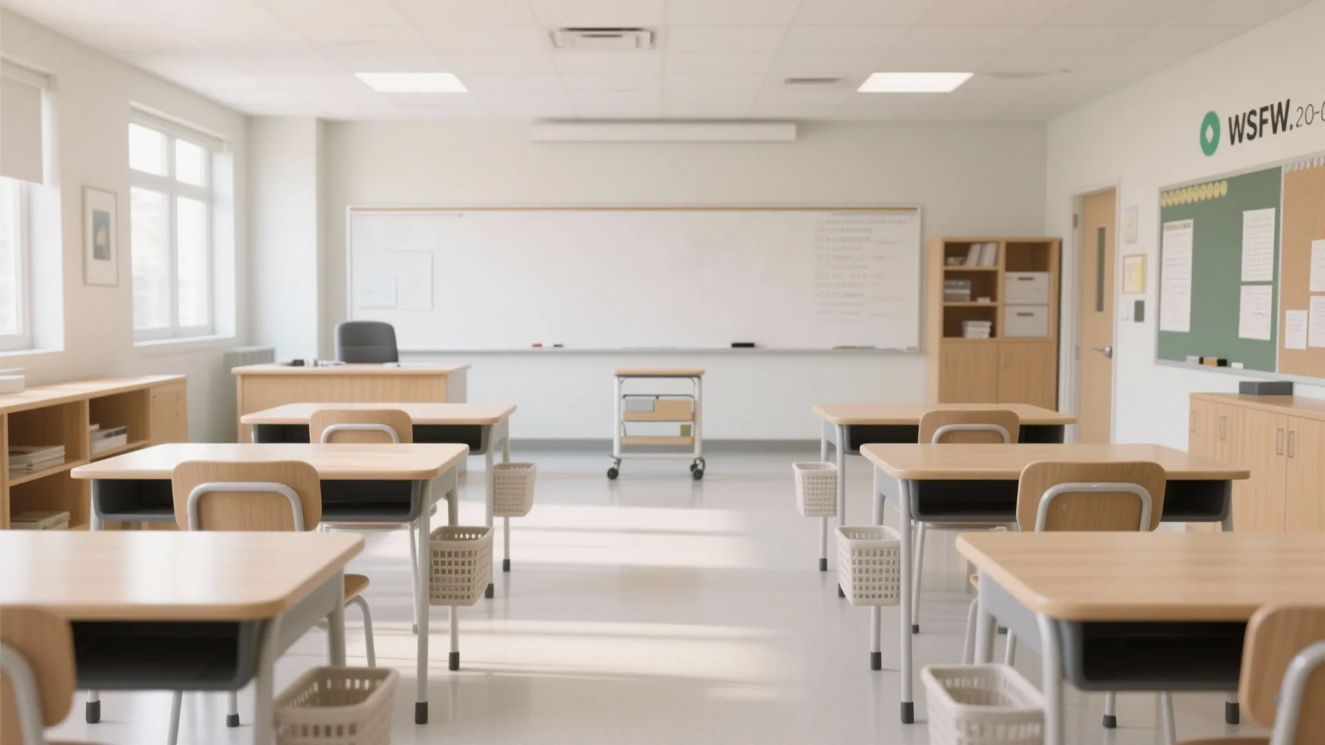 Bright modern classroom with wooden desks and chairs organized in rows facing a white board
