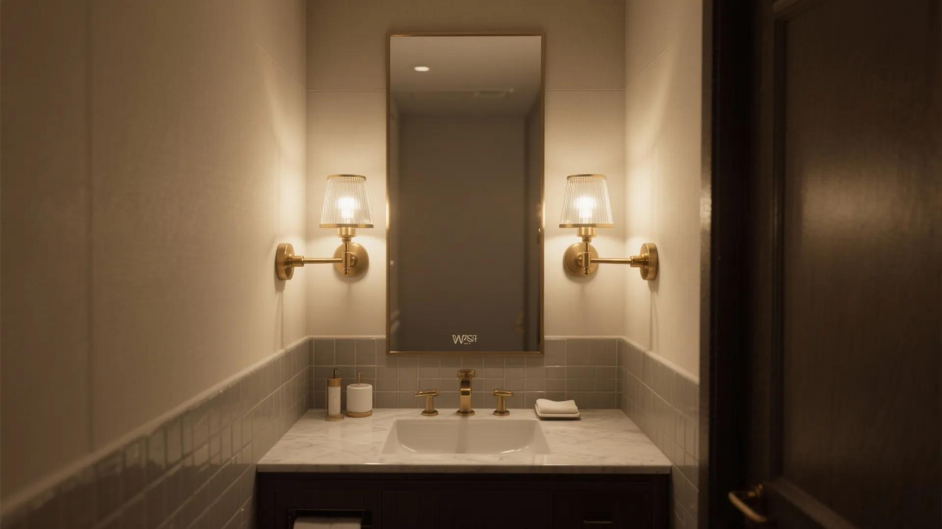 Traditional bathroom vanity with marble countertop gold faucets and two glass wall lights beside mirror