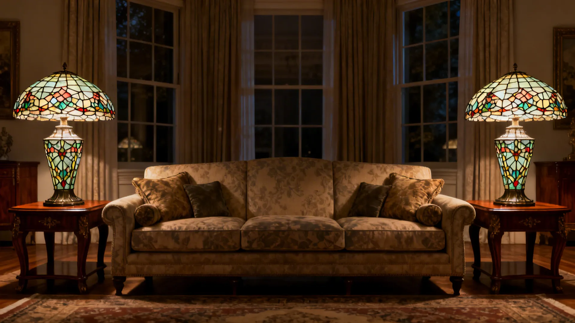 Symmetrical living room with two matching Tiffany lamps flanking a sofa, creating balanced warm light.