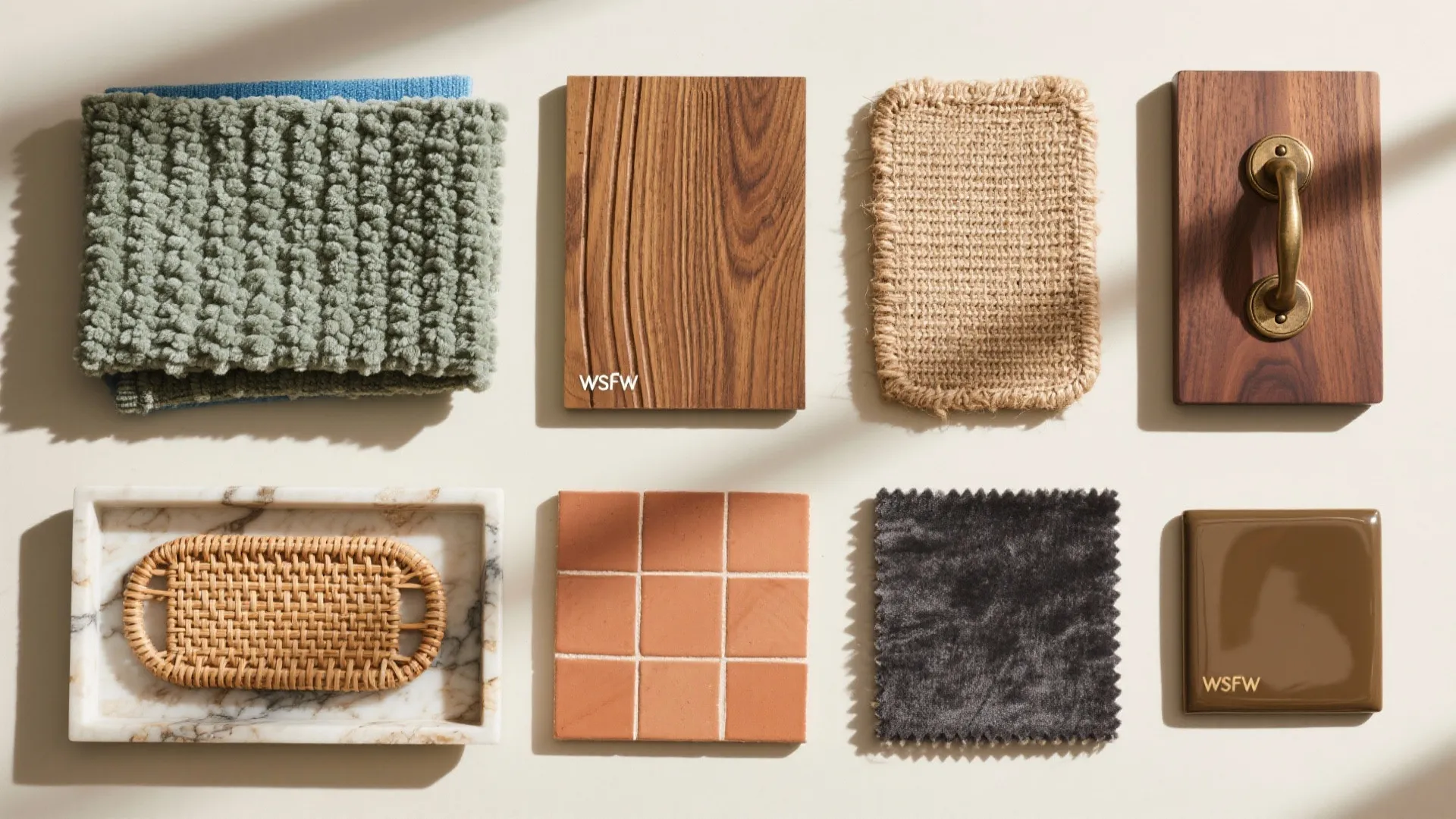 Interior design material board showing wood samples fabric swatches tiles and a metal door handle