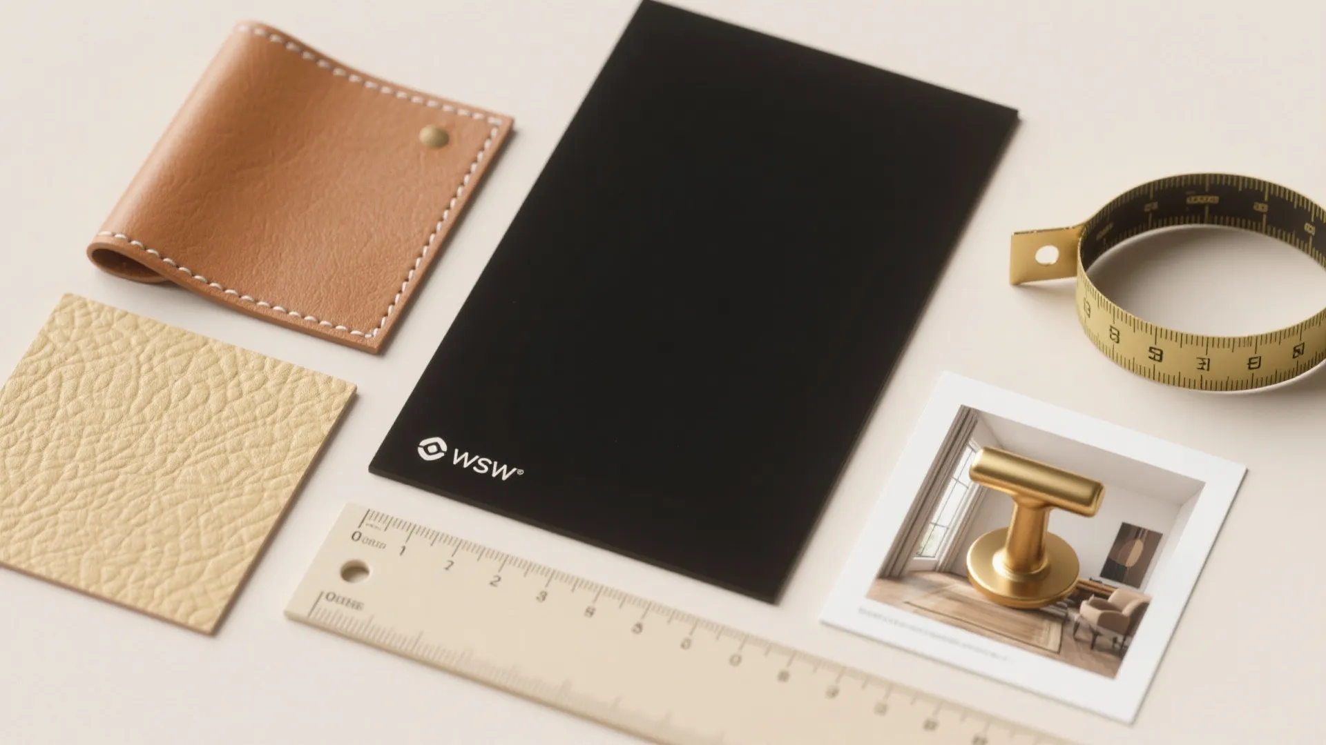 Interior design materials including leather samples ruler measuring tape and black board on white background