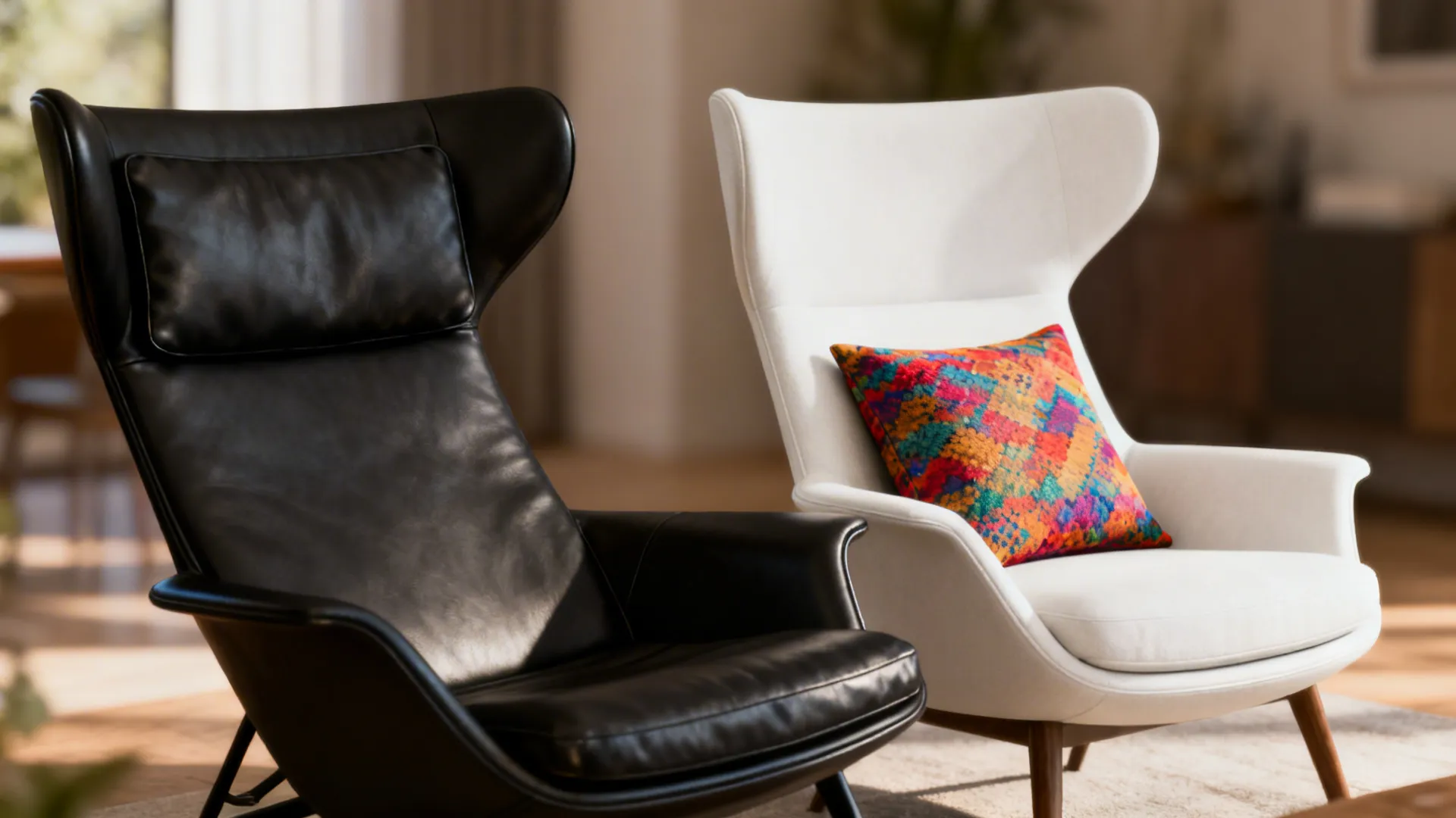Black leather chair and white fabric chair with colorful patterned pillow on a soft rug