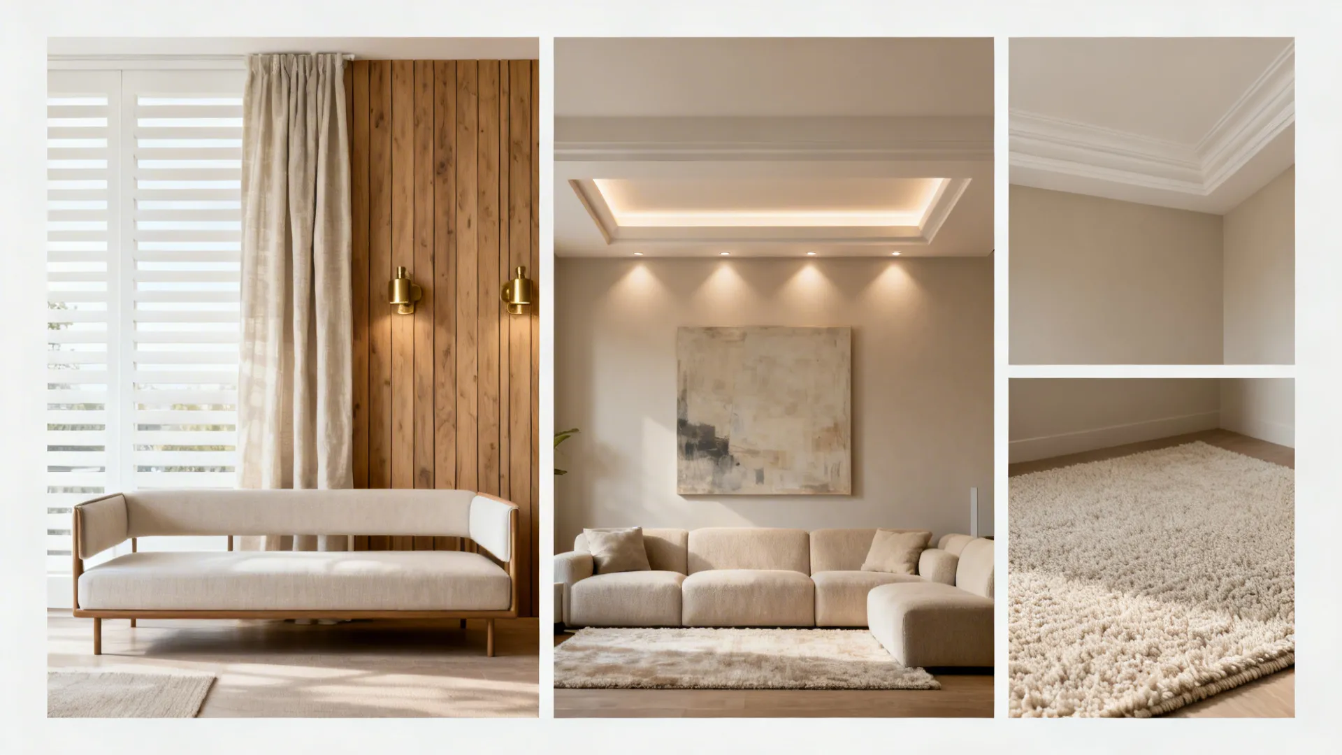 Five PVC ceiling pairings: slats with linen, wood with brass, coffers with wall-washers, gloss with matte, acoustic with wool rug.