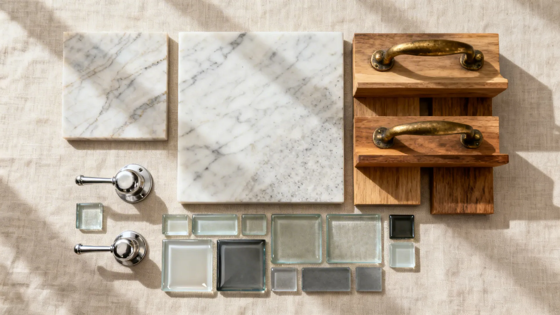 Flatlay of quartz, honed marble, wood, and hardware alongside glossy and matte glass tiles.