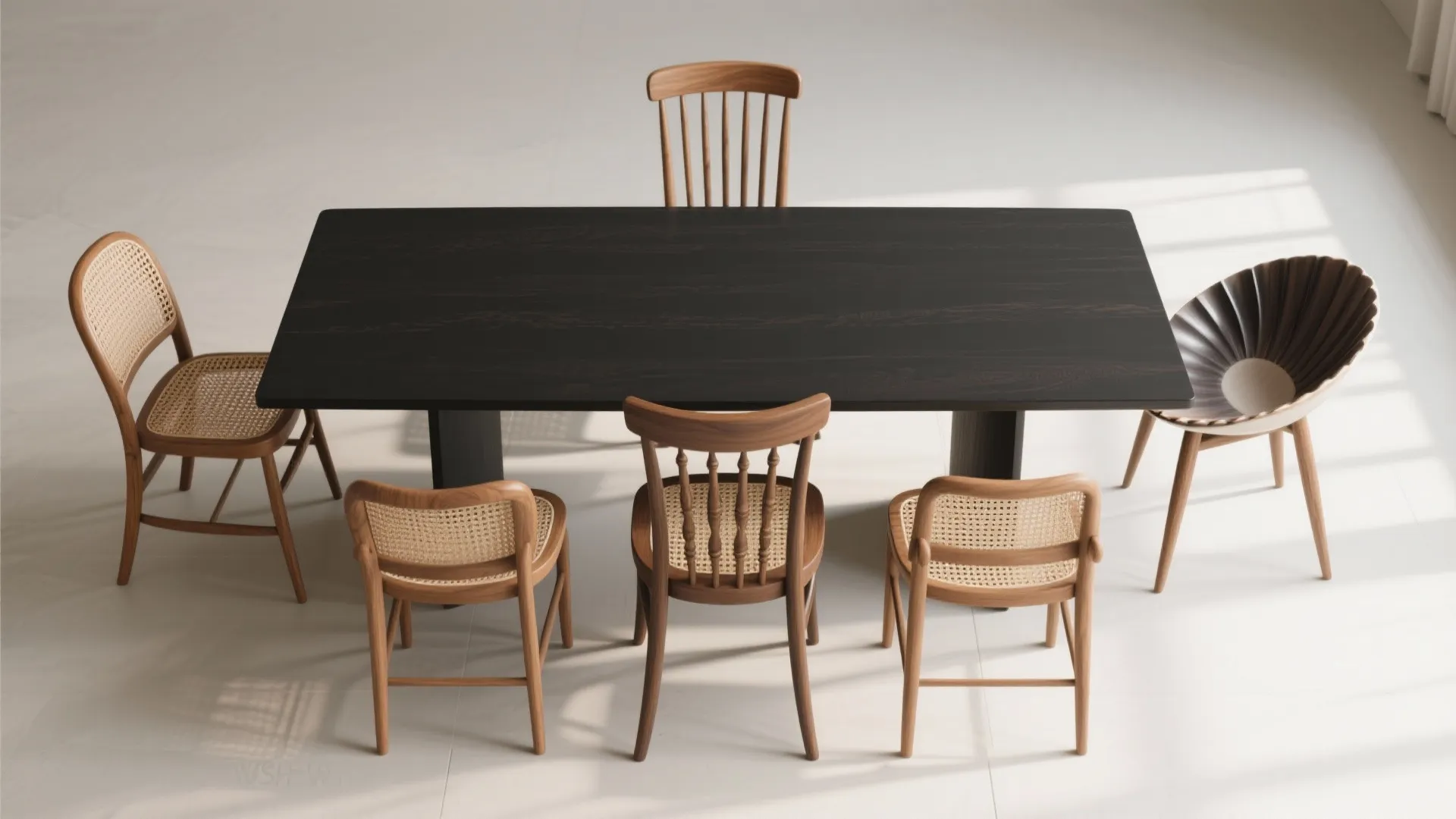 Top view of a long black wooden dining table surrounded by six different wooden chairs