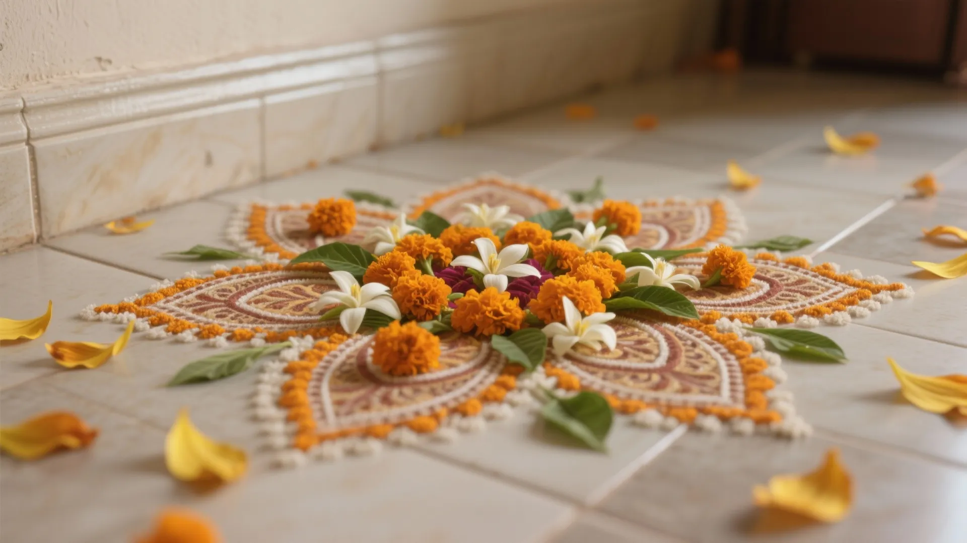 Macro of marigold and jasmine petals filling a paisley rangoli.