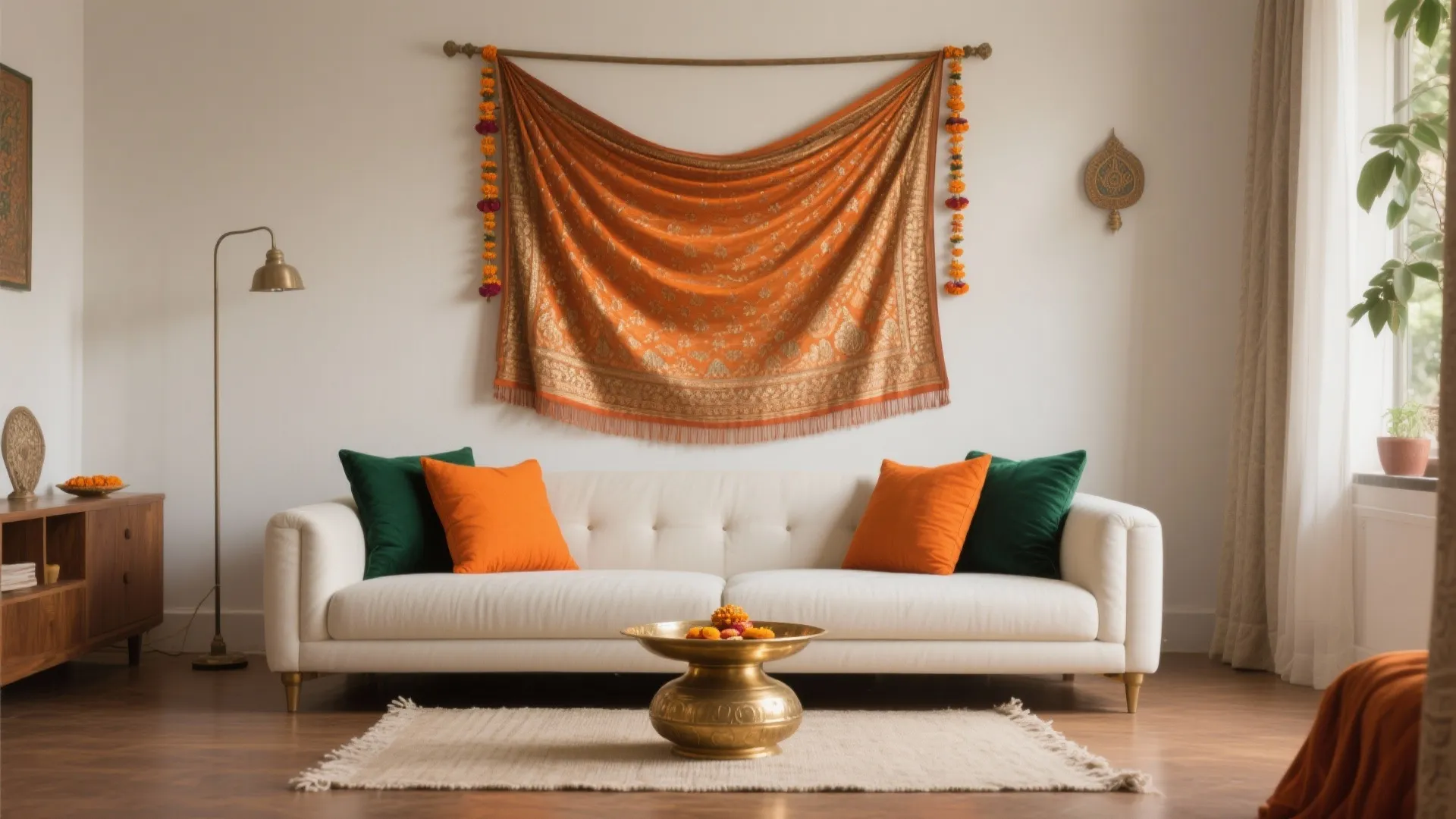 Living room with white sofa orange curtain on the wall and small brass coffee table