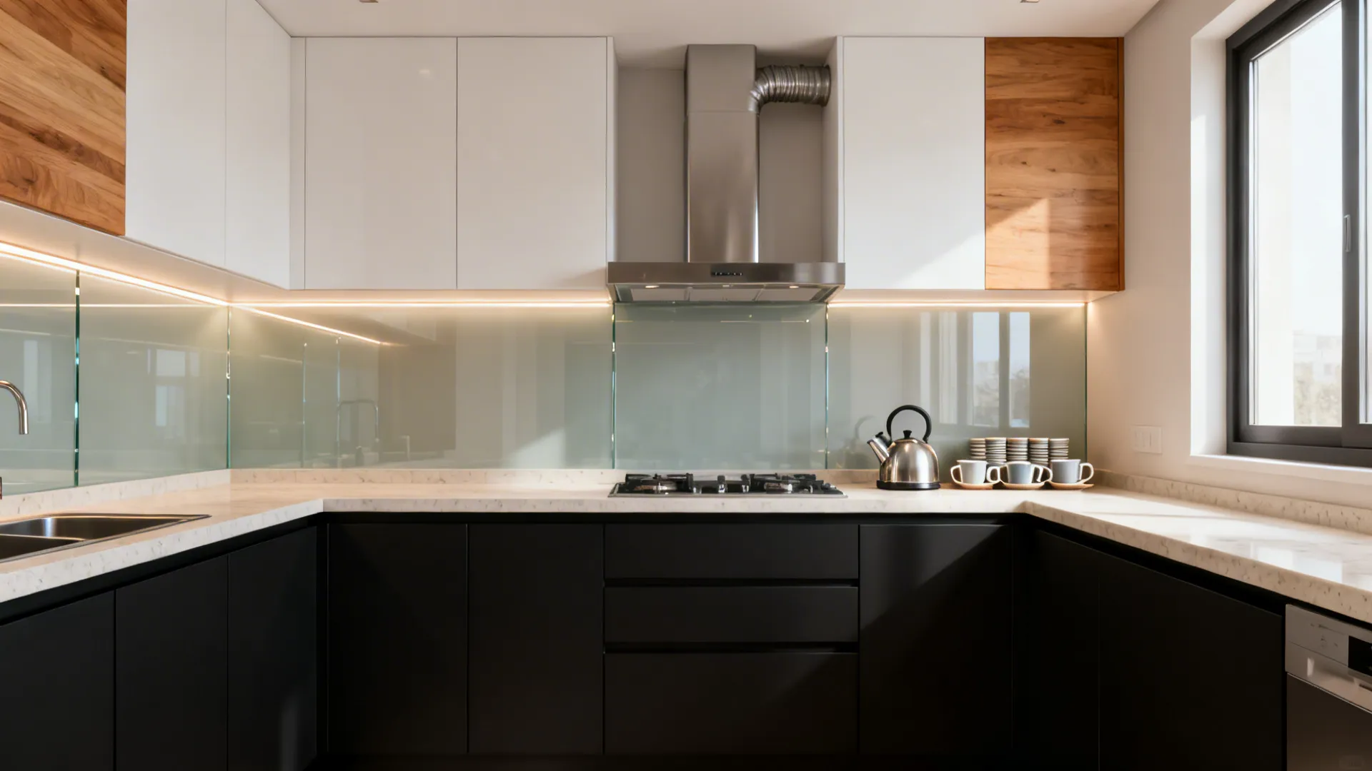 Modern kitchen with black lower cabinets white upper cabinets marble countertop and silver metal hood
