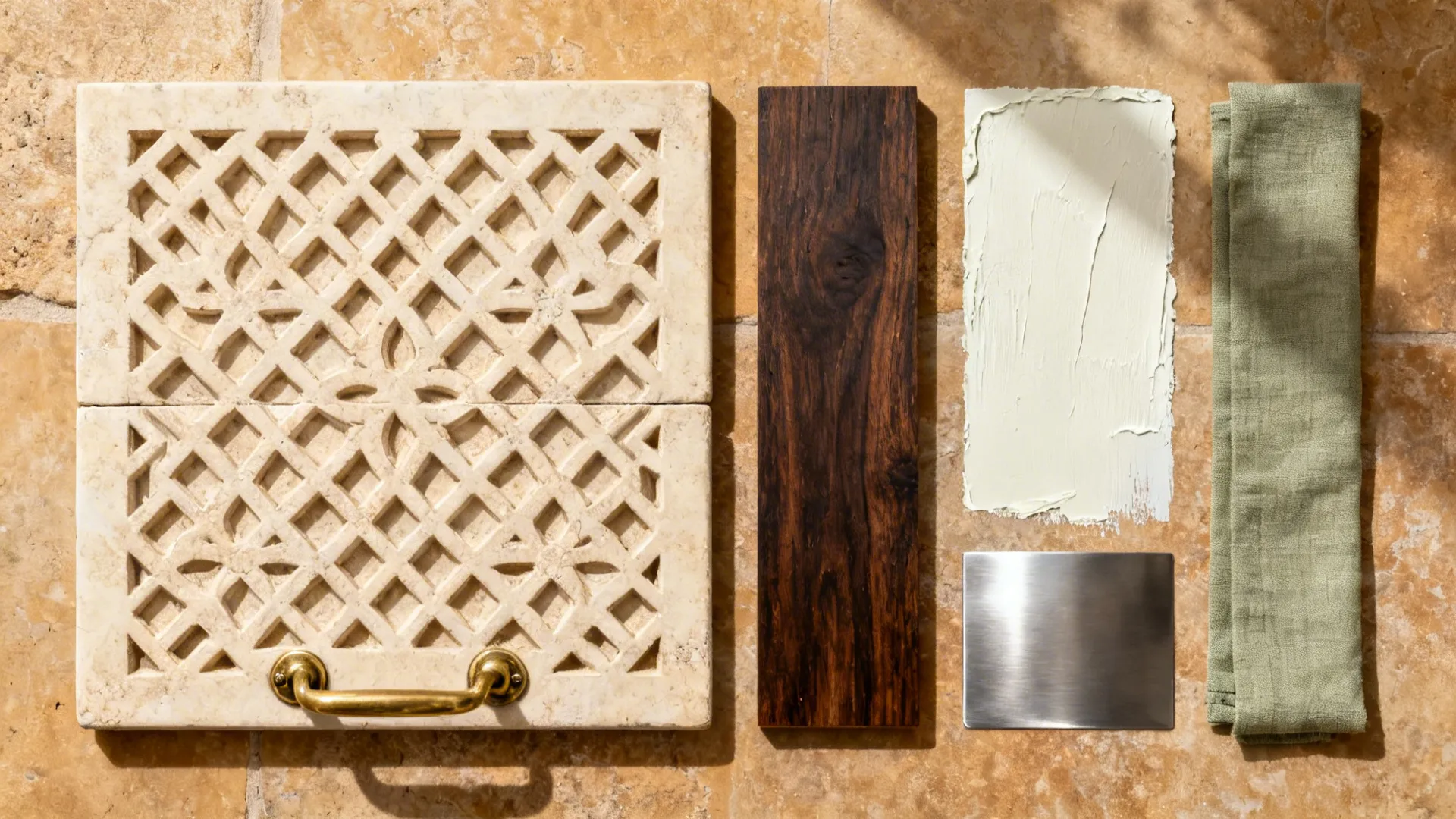 Flat-lay of sandstone tile, lattice motif, brass hardware, wood, steel, and limewash chips.
