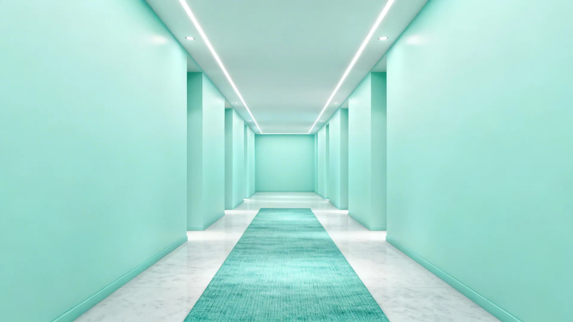 Narrow hallway in pale aqua that visually recedes to feel more spacious