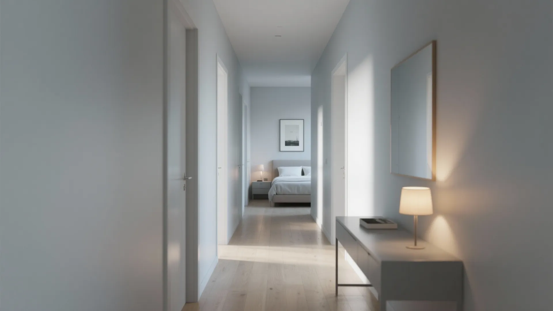 Bright white hallway with wooden floor leading to a bedroom with bed and table lamp
