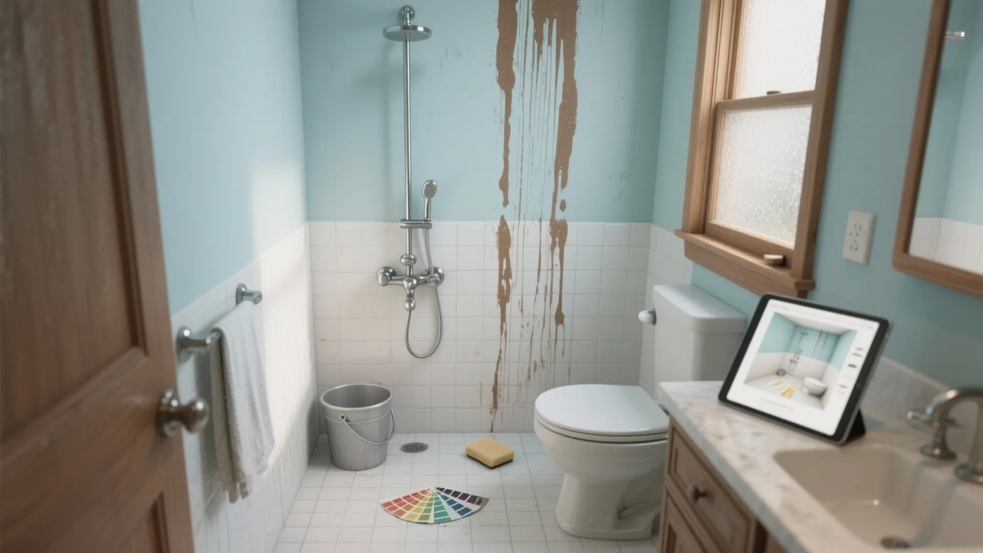 Small bathroom with blue walls white tiles toilet shower bucket and color palette on floor