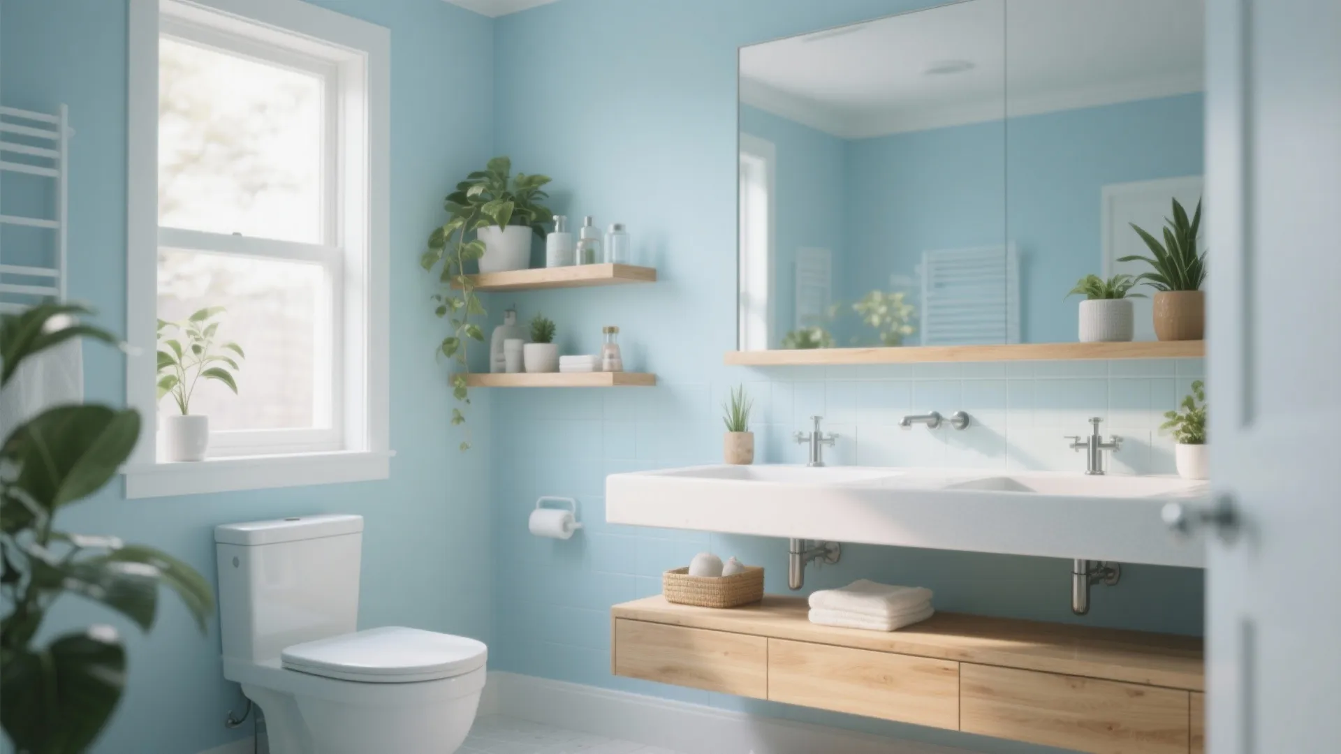 Family bathroom with pale blue walls, white fixtures and warm wood accents for balance.